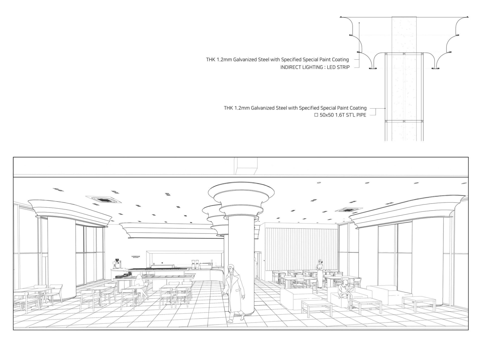A large room with multiple dining tables, chairs, and benches, suggesting a restaurant or public gathering area