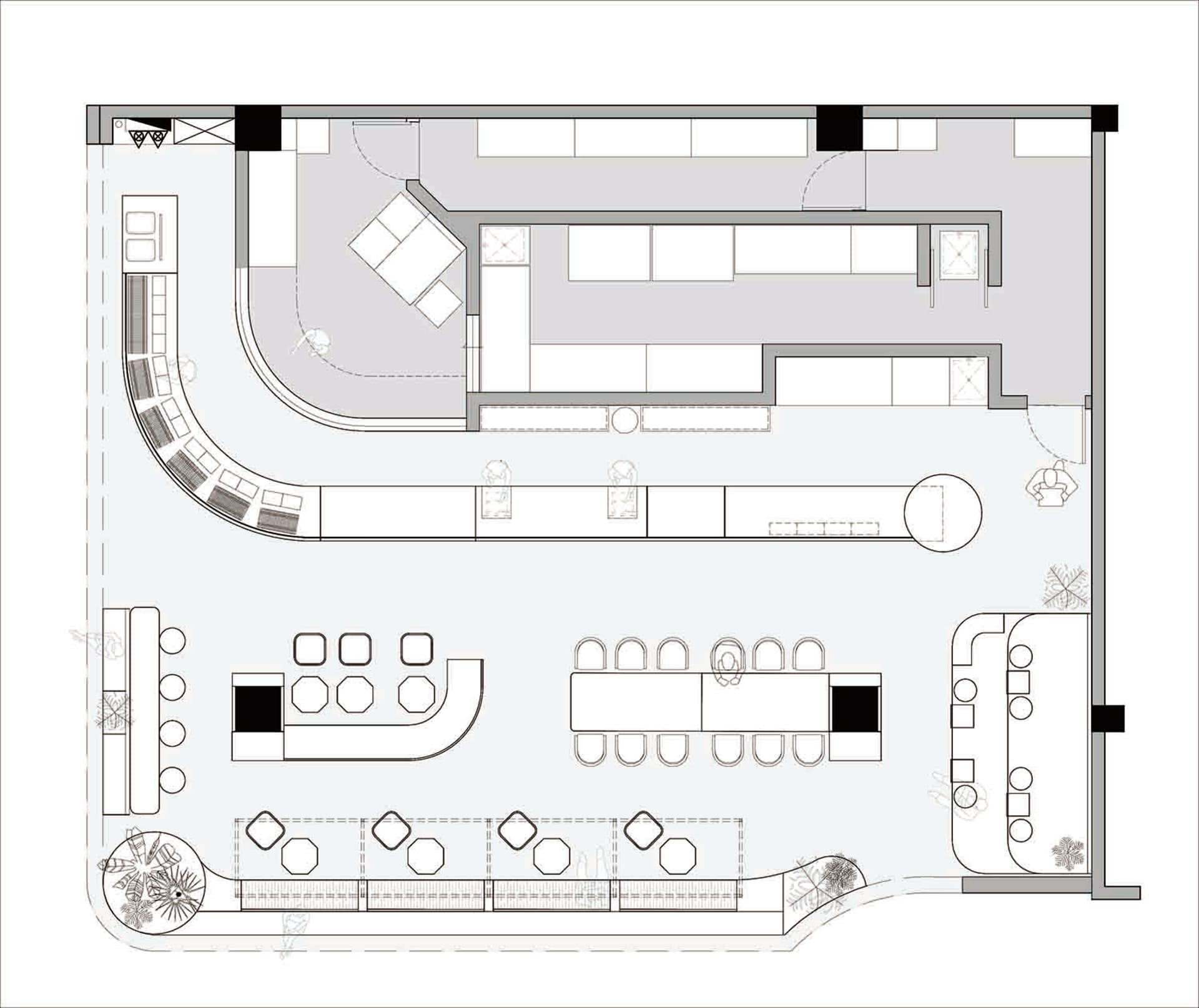 A floor plan of a large interior space with multiple dining tables, chairs, couches, and benches, surrounded by potted plants and featuring a spacious and inviting atmosphere