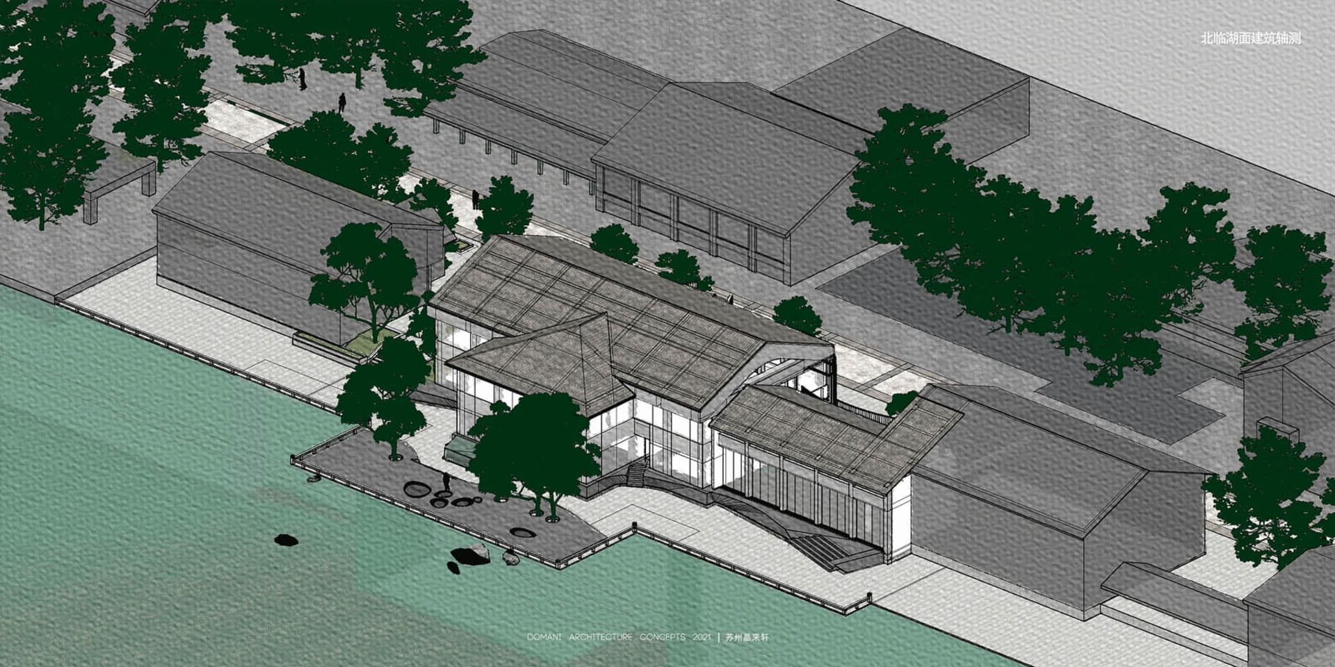 Modern house near water with large windows, smaller windows, and a peaceful atmosphere