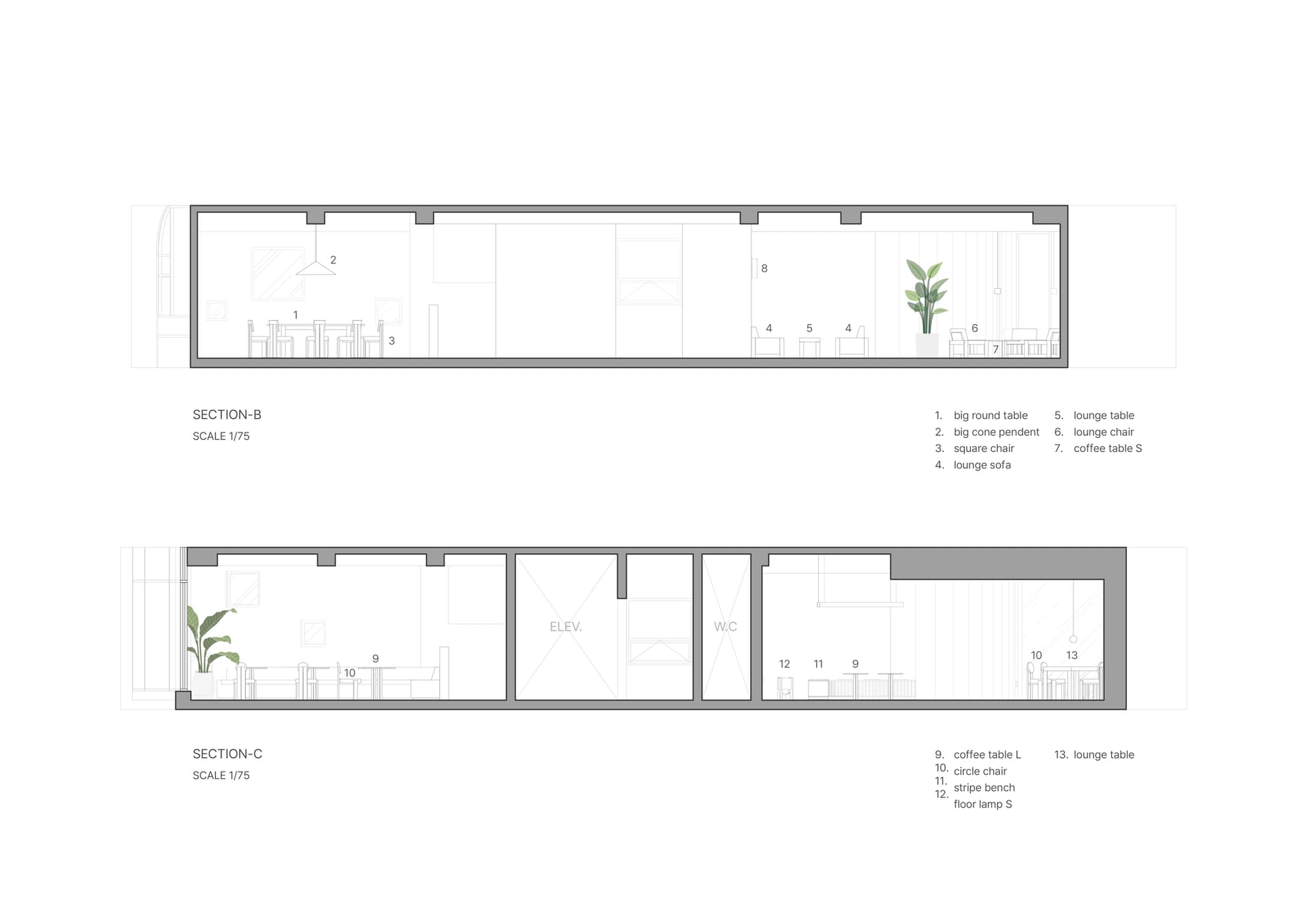 Architectural drawing of a restaurant interior with a kitchen, dining area, and bar, featuring textual information and diagrams, well-lit with natural light