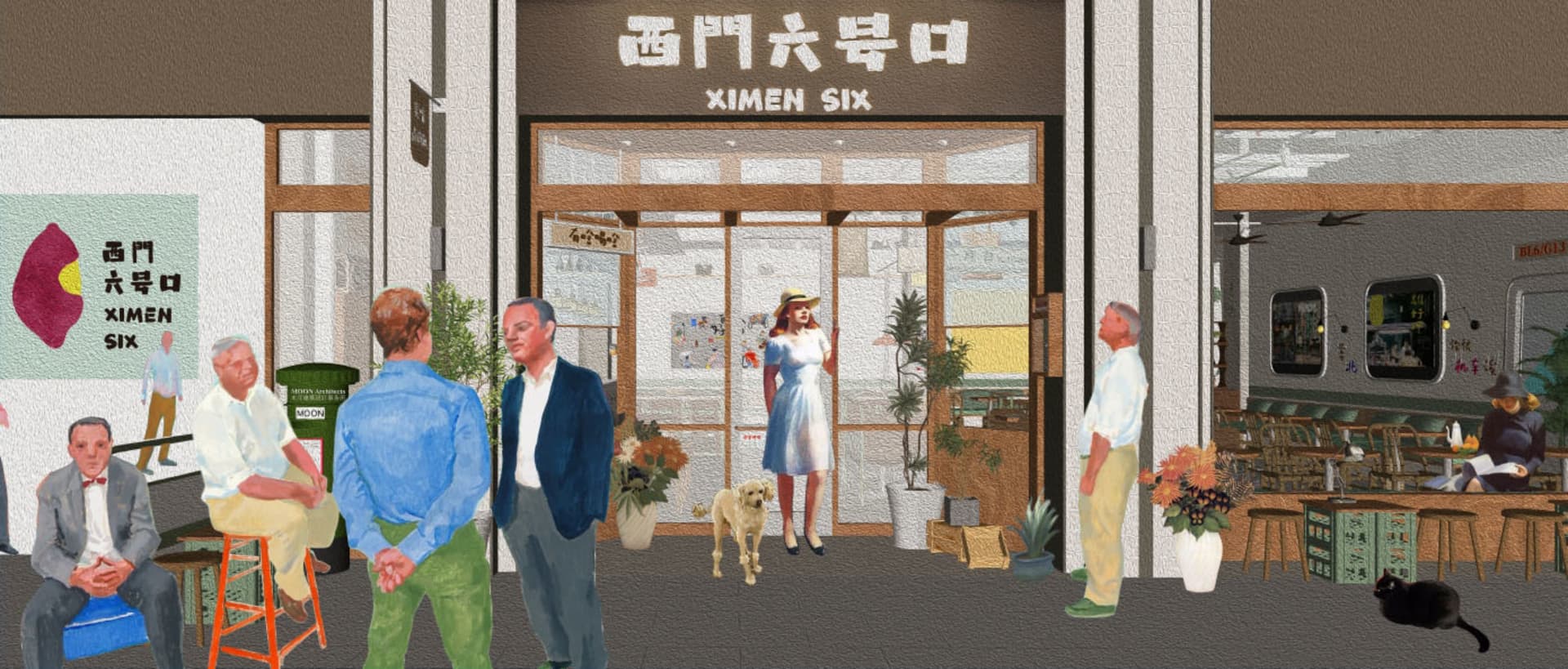 A woman stands outside a modern-traditional storefront in China, surrounded by potted plants and accompanied by two dogs