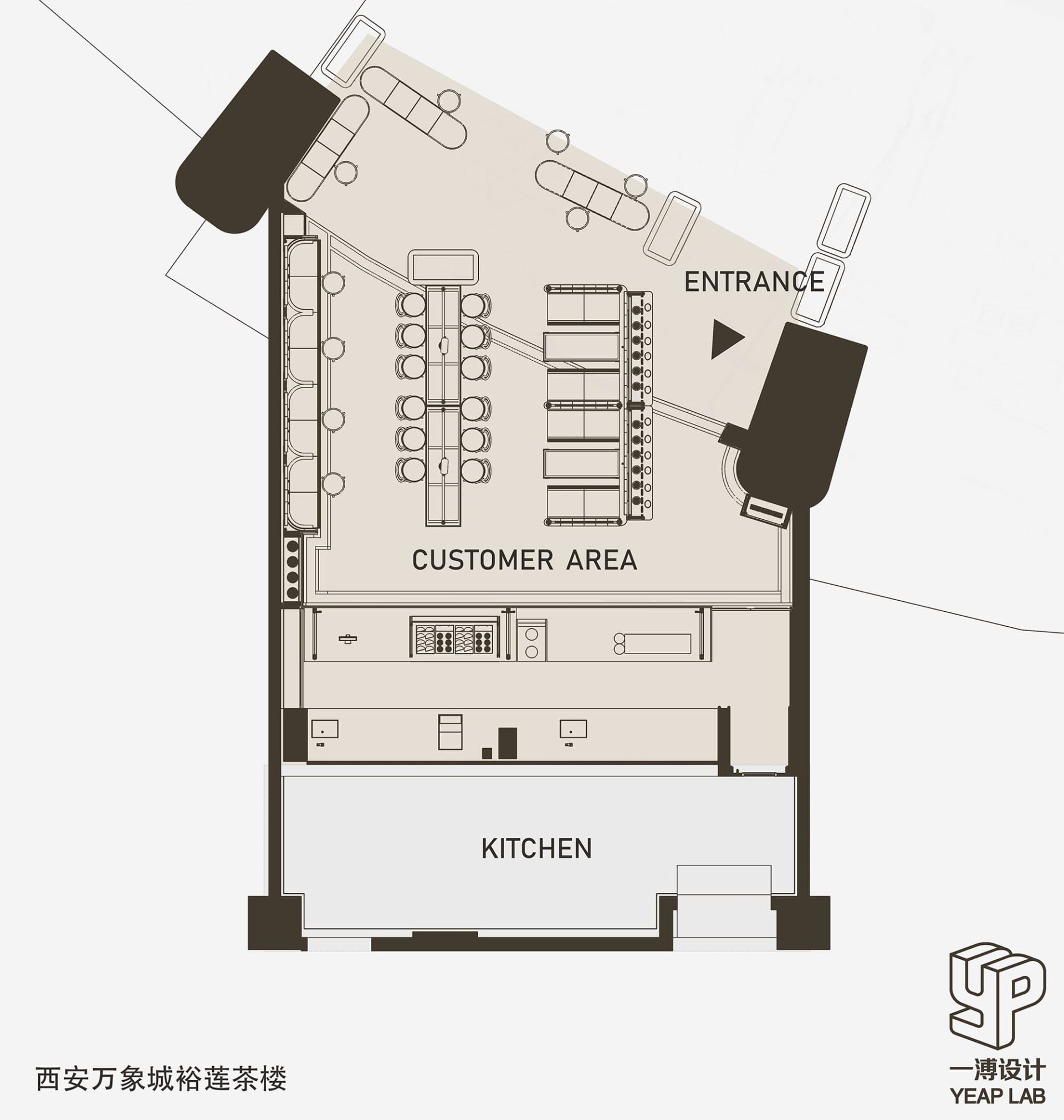 現代設計商業空間的 2D 平面圖，簡潔線條與極簡元素，包含顧客區、餐廳區與廚房