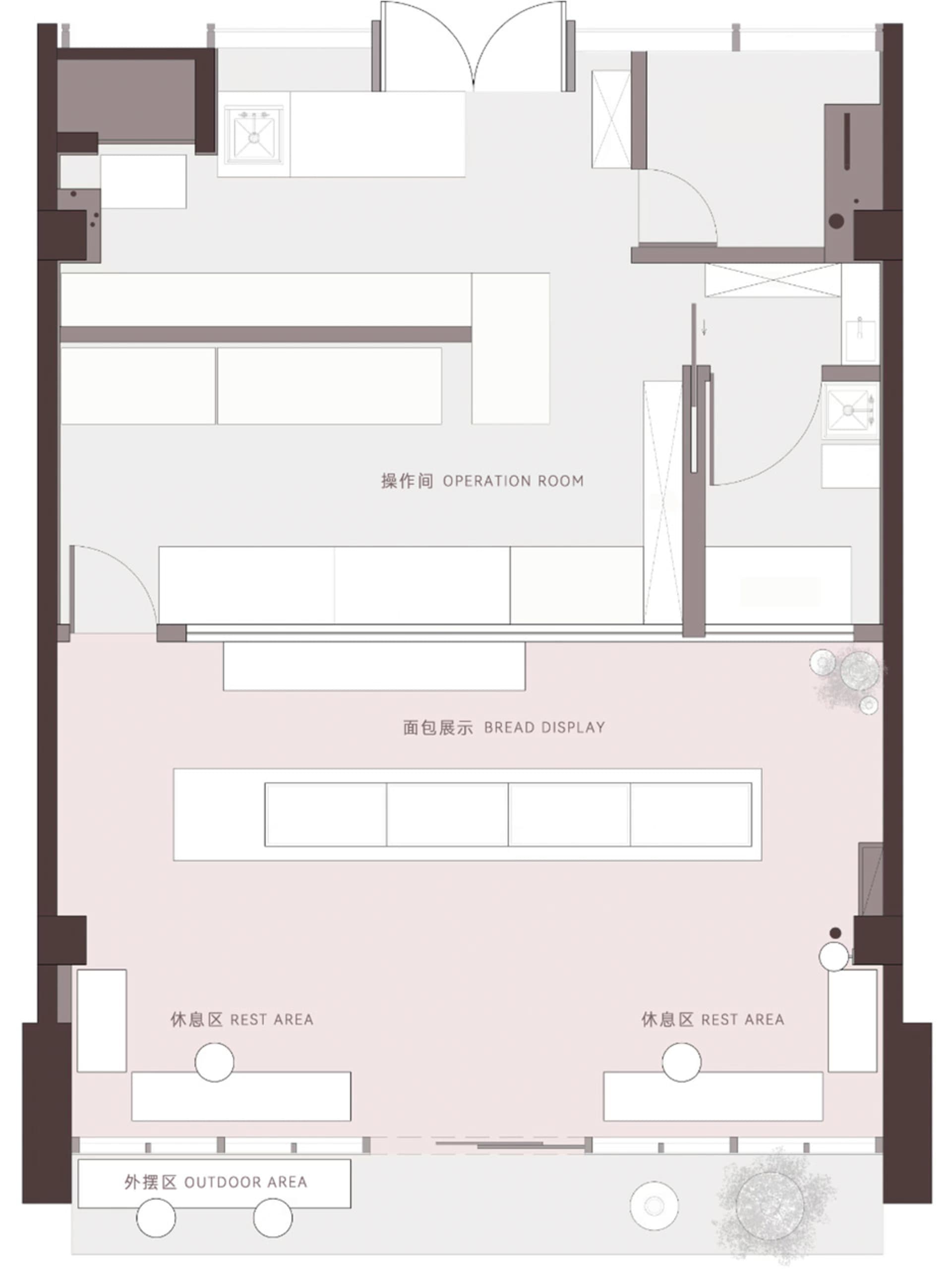 2D floor plan of a hotel with white walls, linework, and labels, showcasing a modern and functional layout