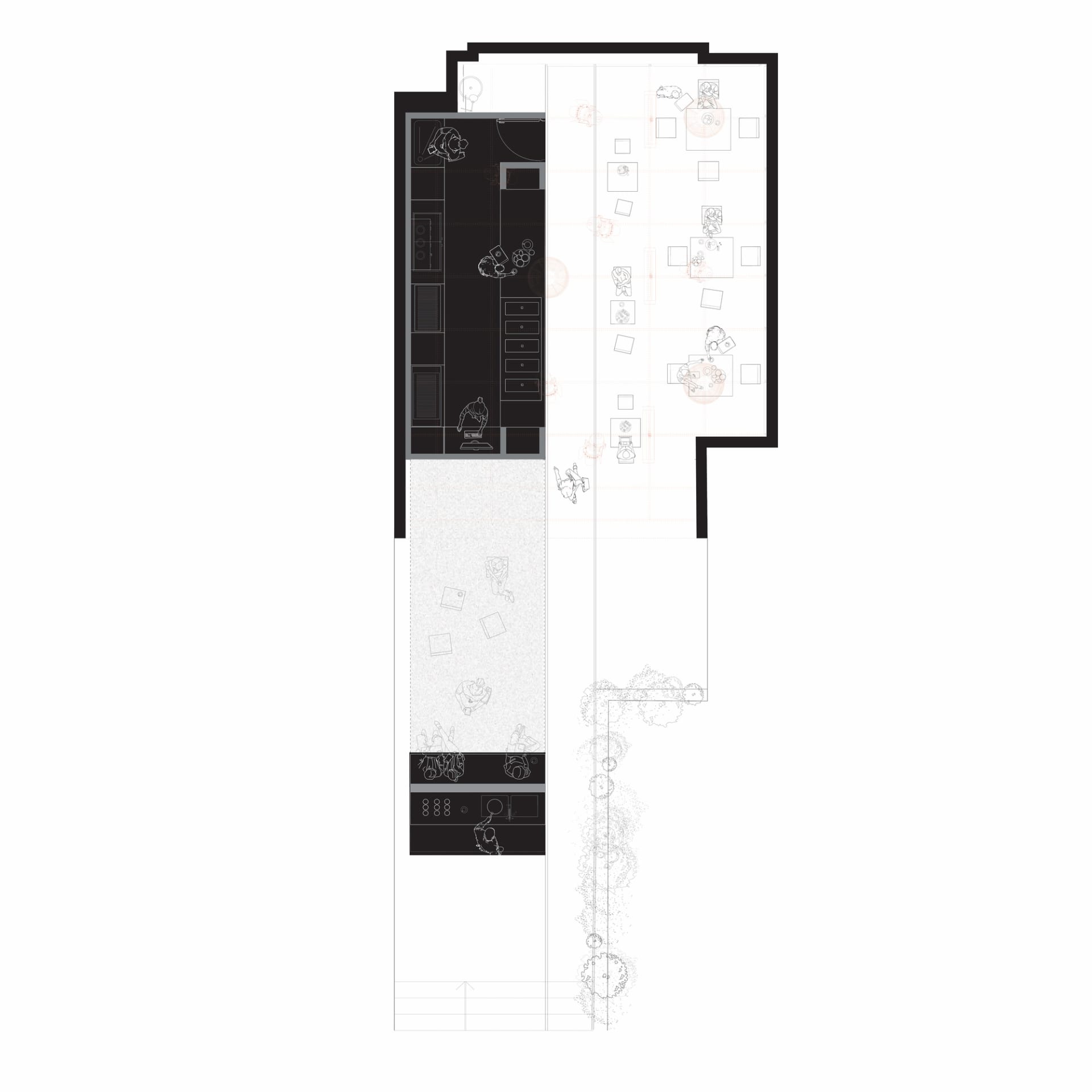 2D floor plan of a mixed-style office space with a dining area and kitchen, featuring various rooms and linework, well-lit with natural and artificial light