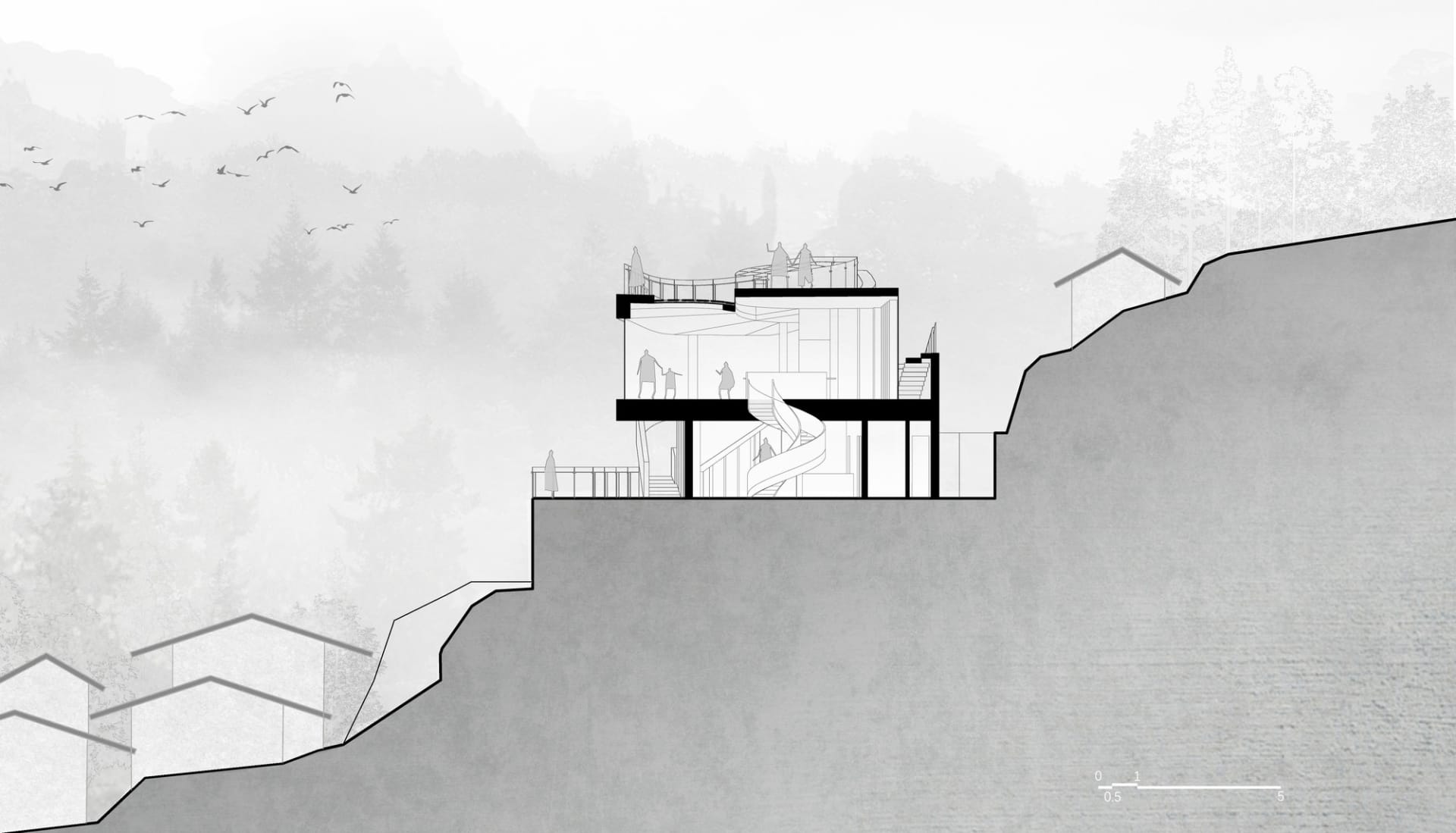 Grayscale architectural rendering of a modern house on a hillside with concrete construction, featuring open spaces, enclosed areas, and stairs