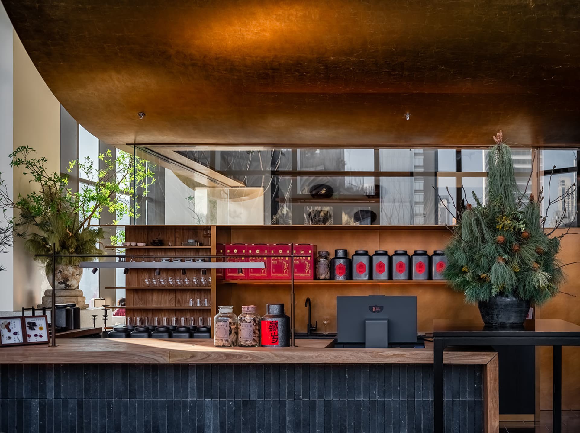 展示各式物品的餐廳吧台，周圍環繞盆栽植物，營造溫馨誘人的氛圍