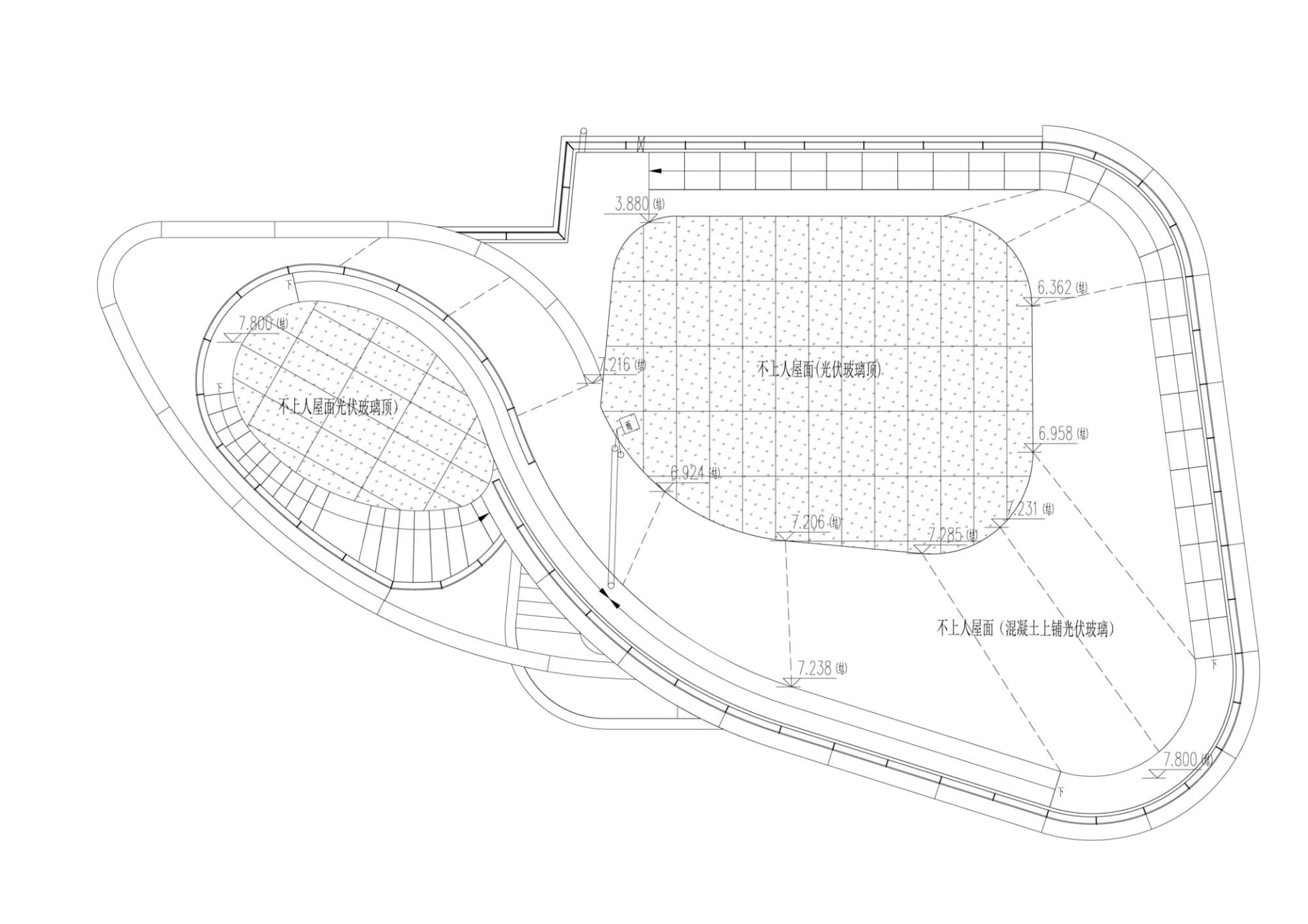 A large empty parking lot with white lines on the ground indicating parking spaces and markings