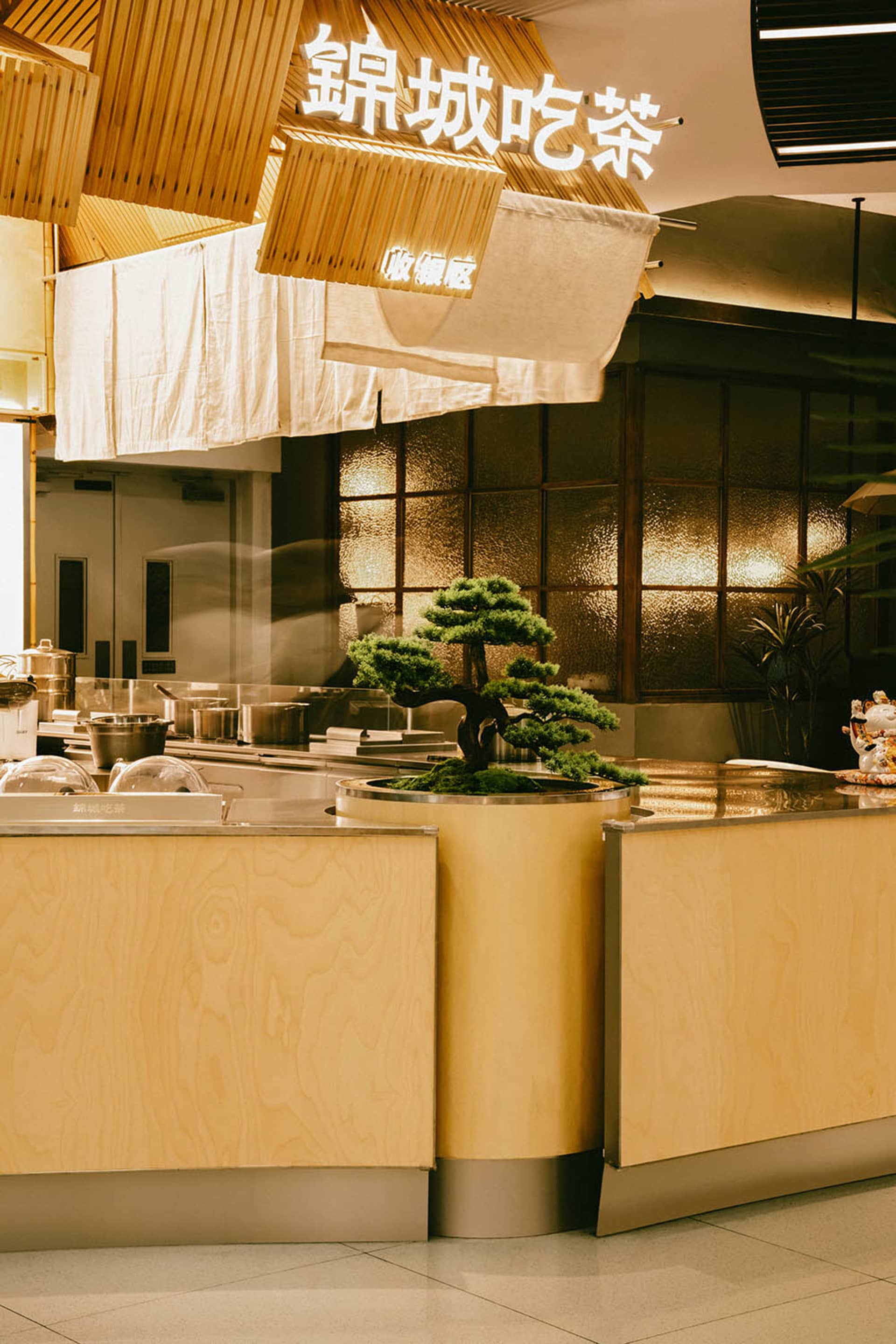 Warm and inviting restaurant kitchen with a wooden countertop, a potted bonsai tree, and scattered bowls