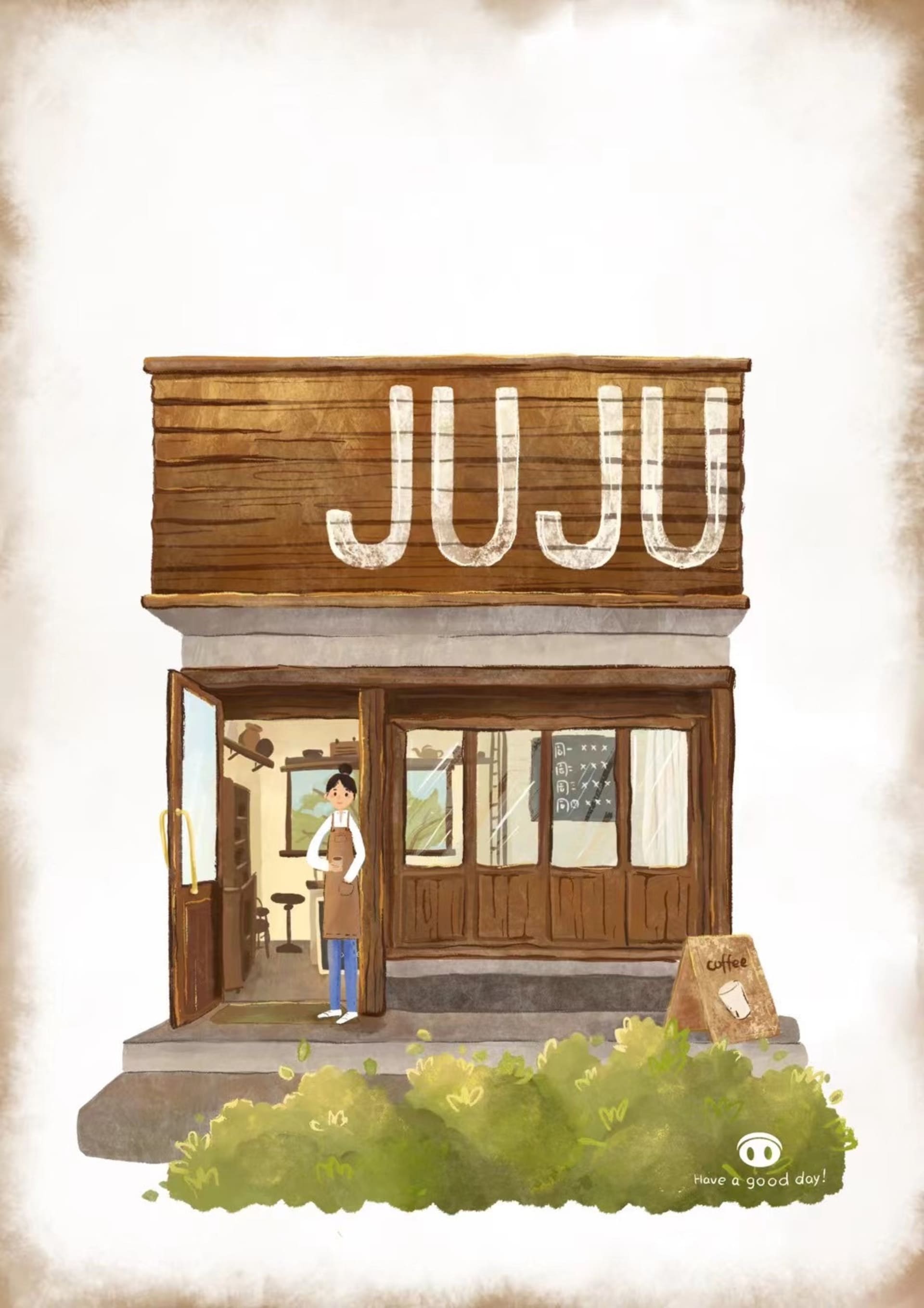 A cozy store with a wooden exterior, featuring a dining table, chairs, and a potted plant, with two people inside
