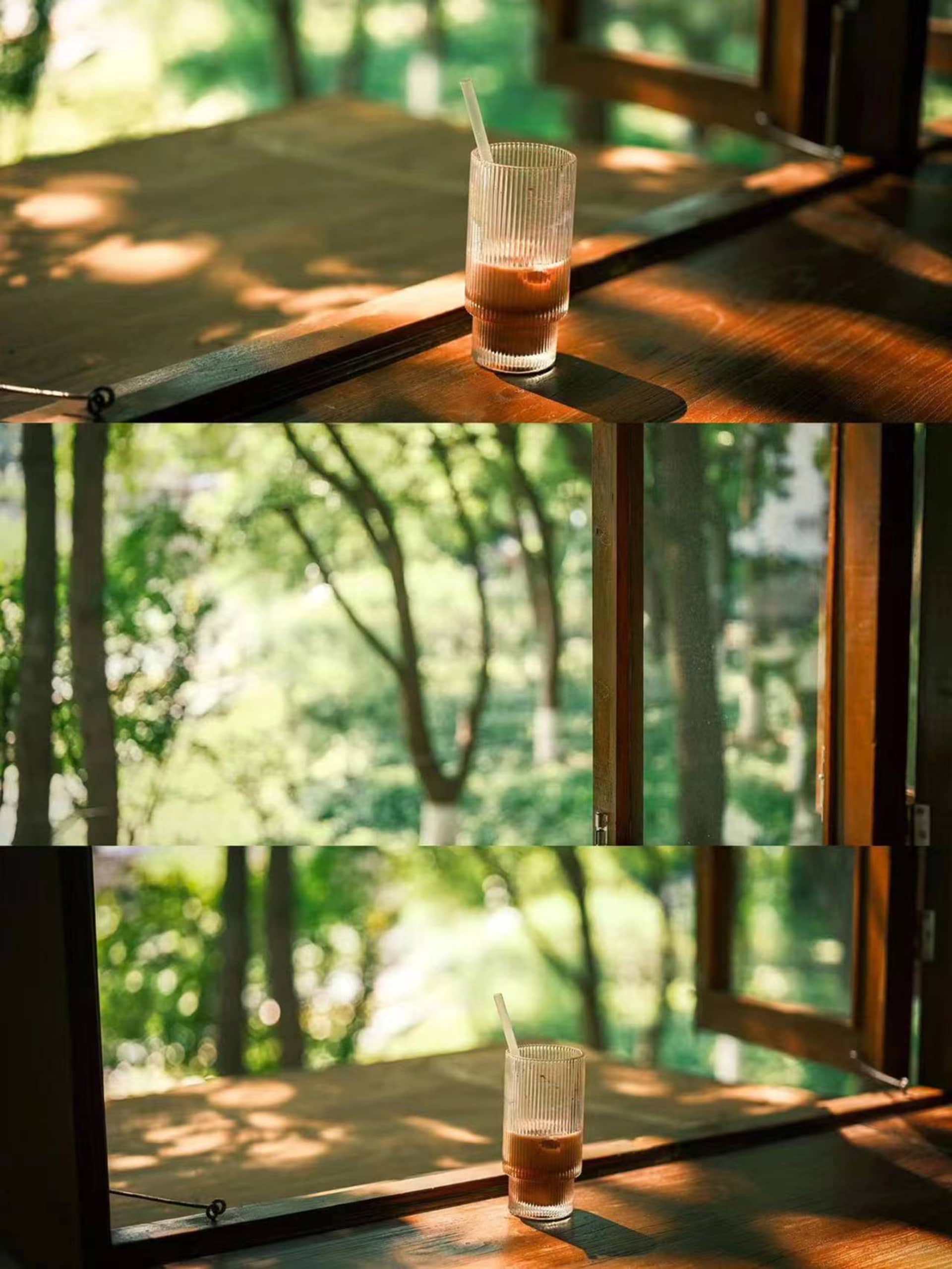 A wooden table with a glass and various glasses on it, set in a domestic indoor setting