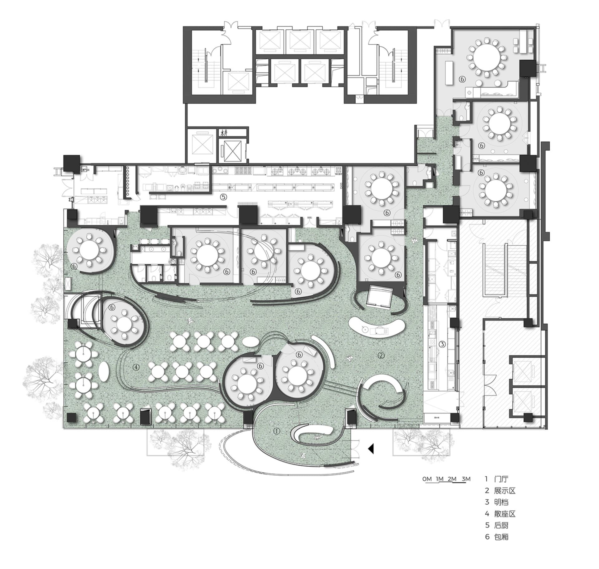 A modern interior with multiple rooms, including dining areas, lounges, and a kitchen, featuring clean lines, minimalistic decoration, and tiled flooring