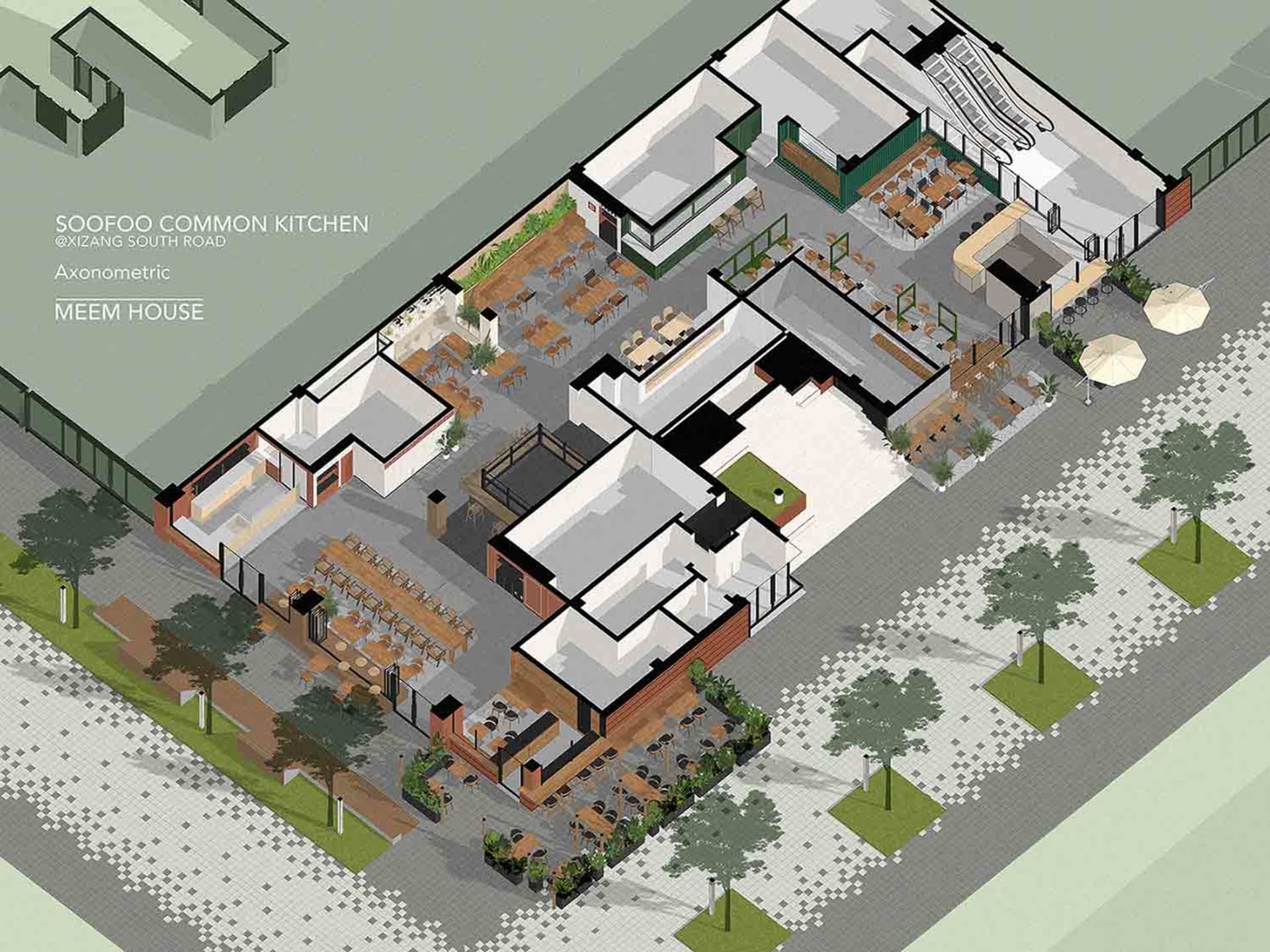 A modern interior space with a large open kitchen area featuring multiple dining tables and chairs, giving a spacious and contemporary feel