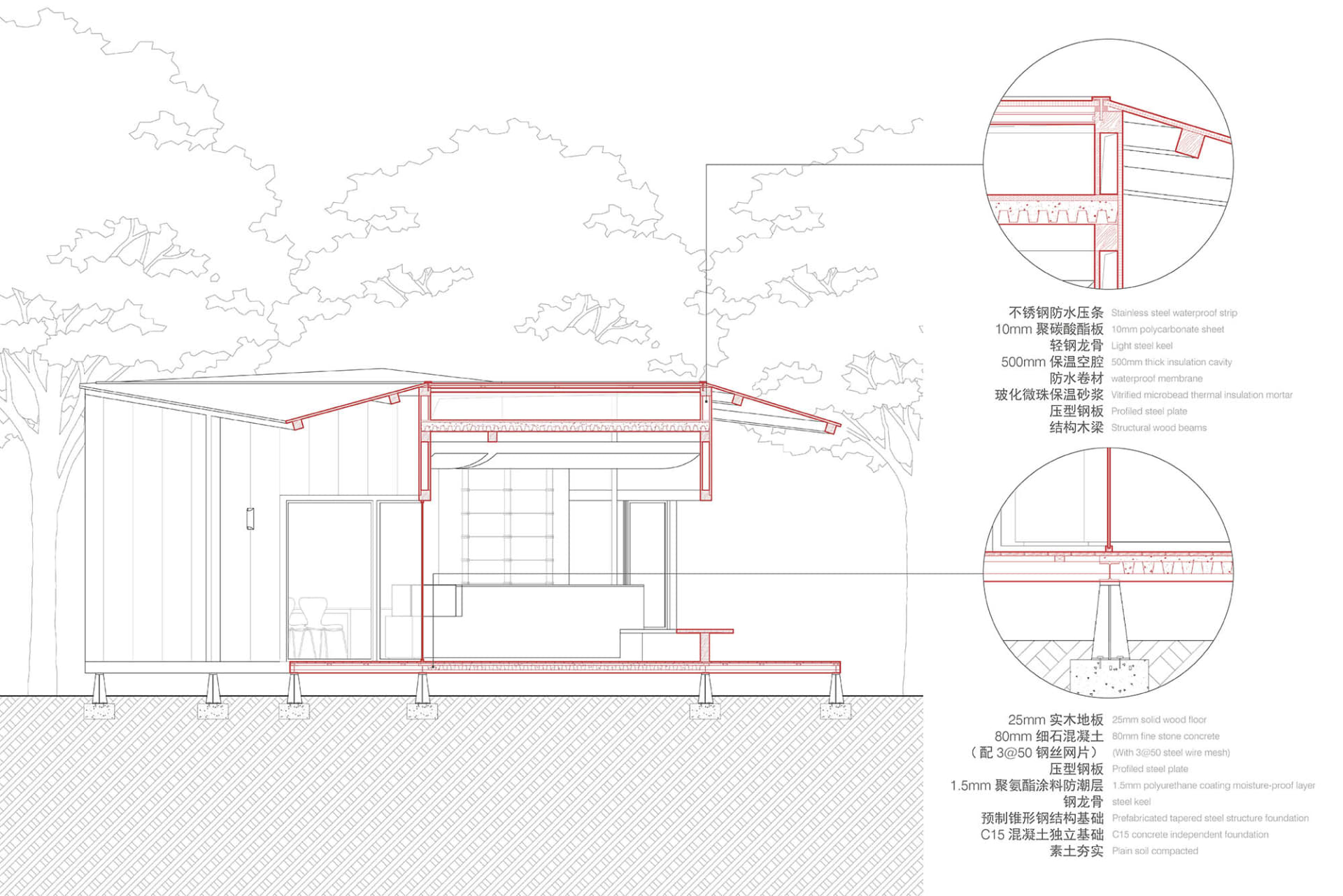住宅建築圖，包含平面配置、家具、樹木與露台，展現各房間與客廳區域