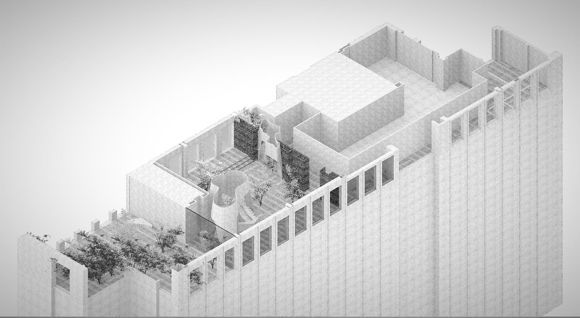 Architectural rendering of a modern restaurant and bar with concrete walls, multiple windows, and a mix of open and enclosed areas