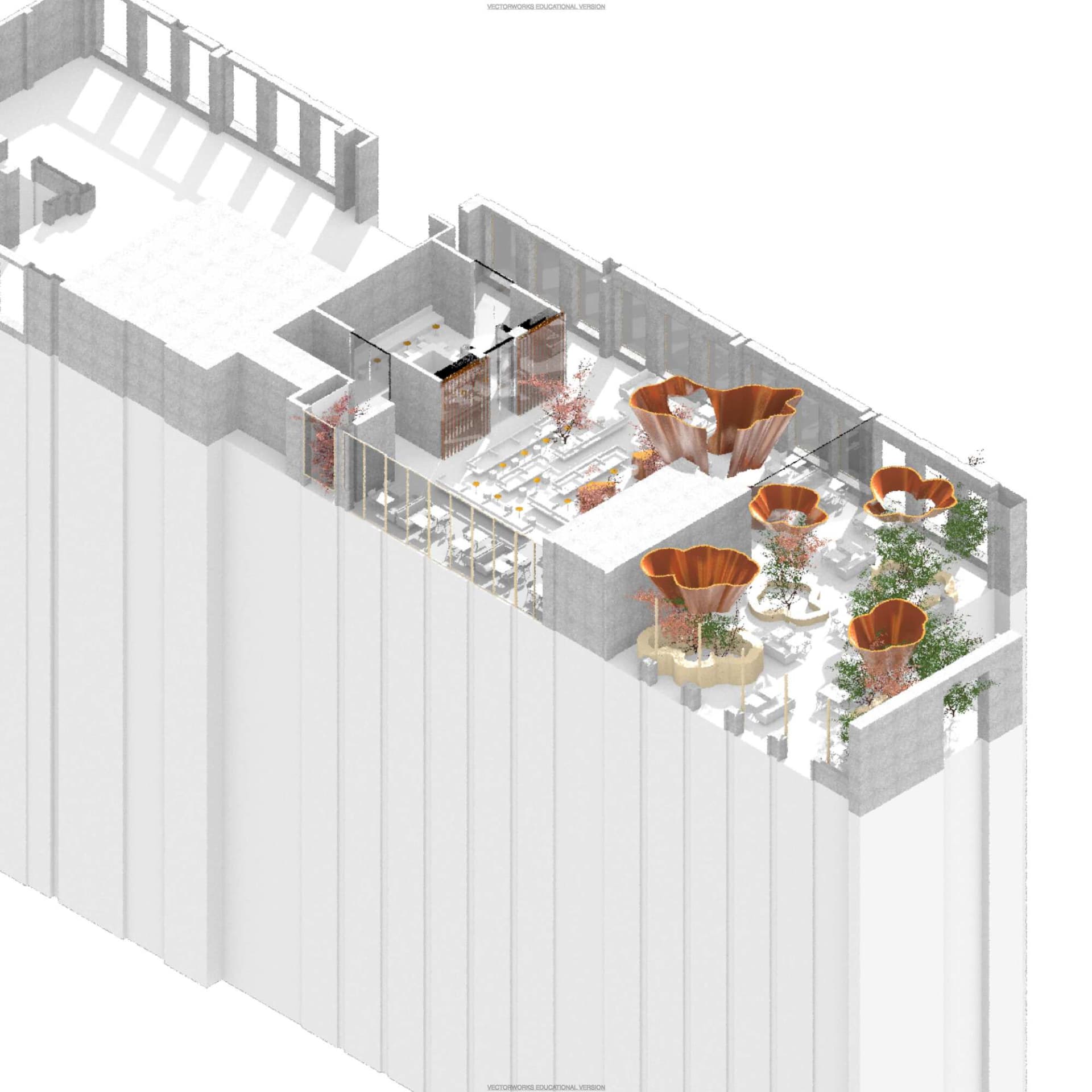 A large open area with a dining area, bar, and potted plants, featuring a modern and spacious interior