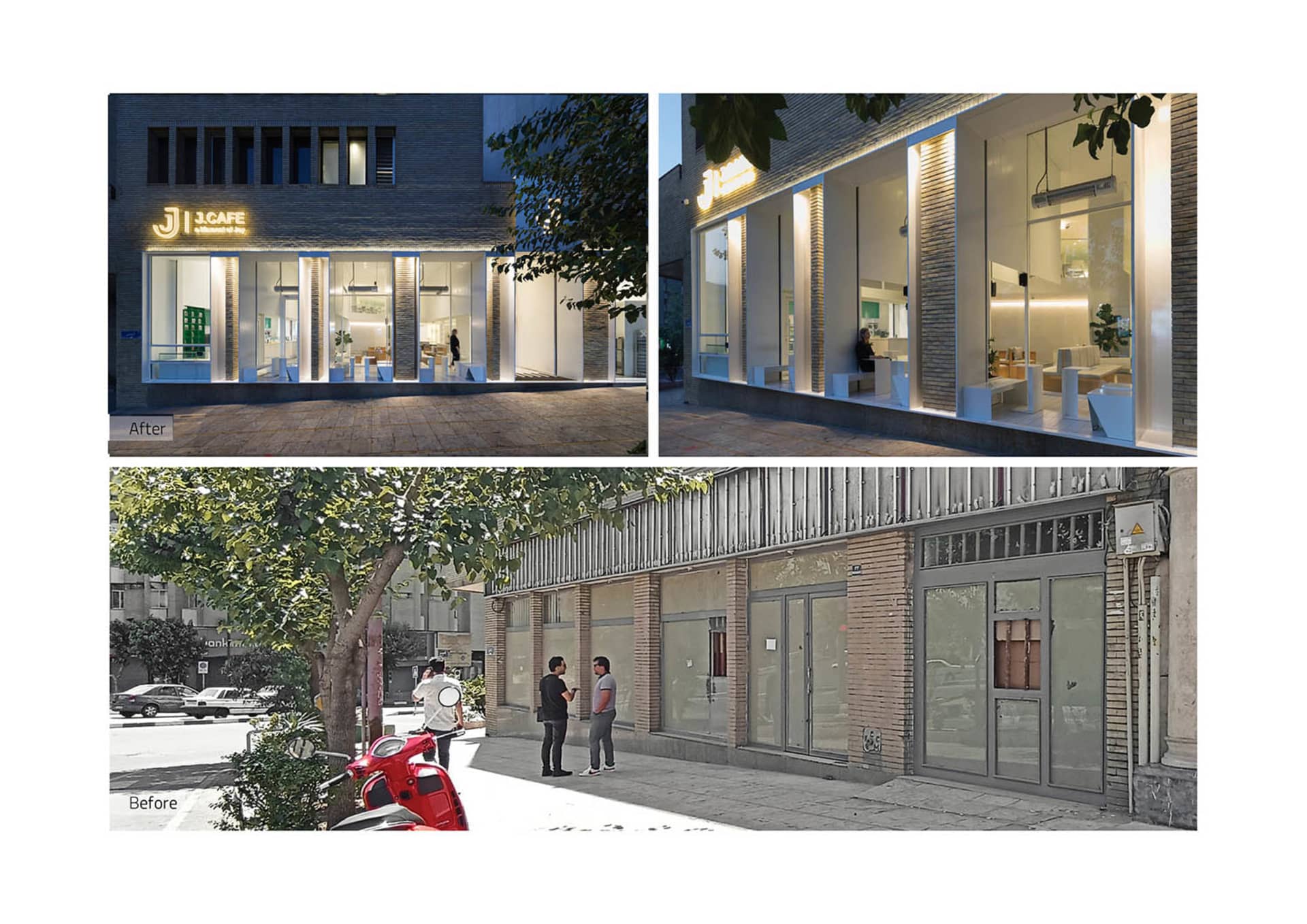 經典磚牆餐廳建築，人群站在人行道上，附近停放一台機車