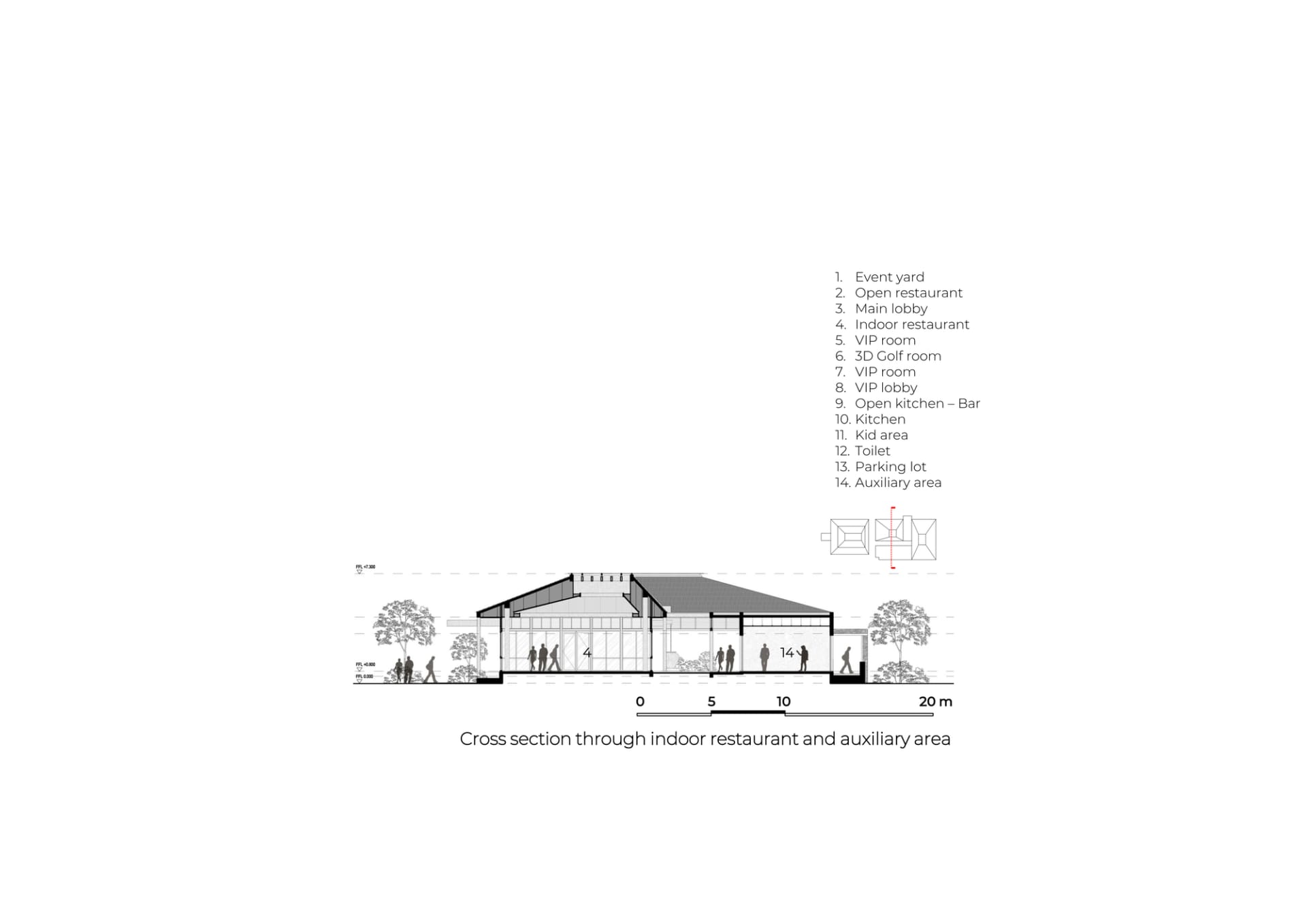 現代餐廳的座位區、餐桌與機能元素的建築圖