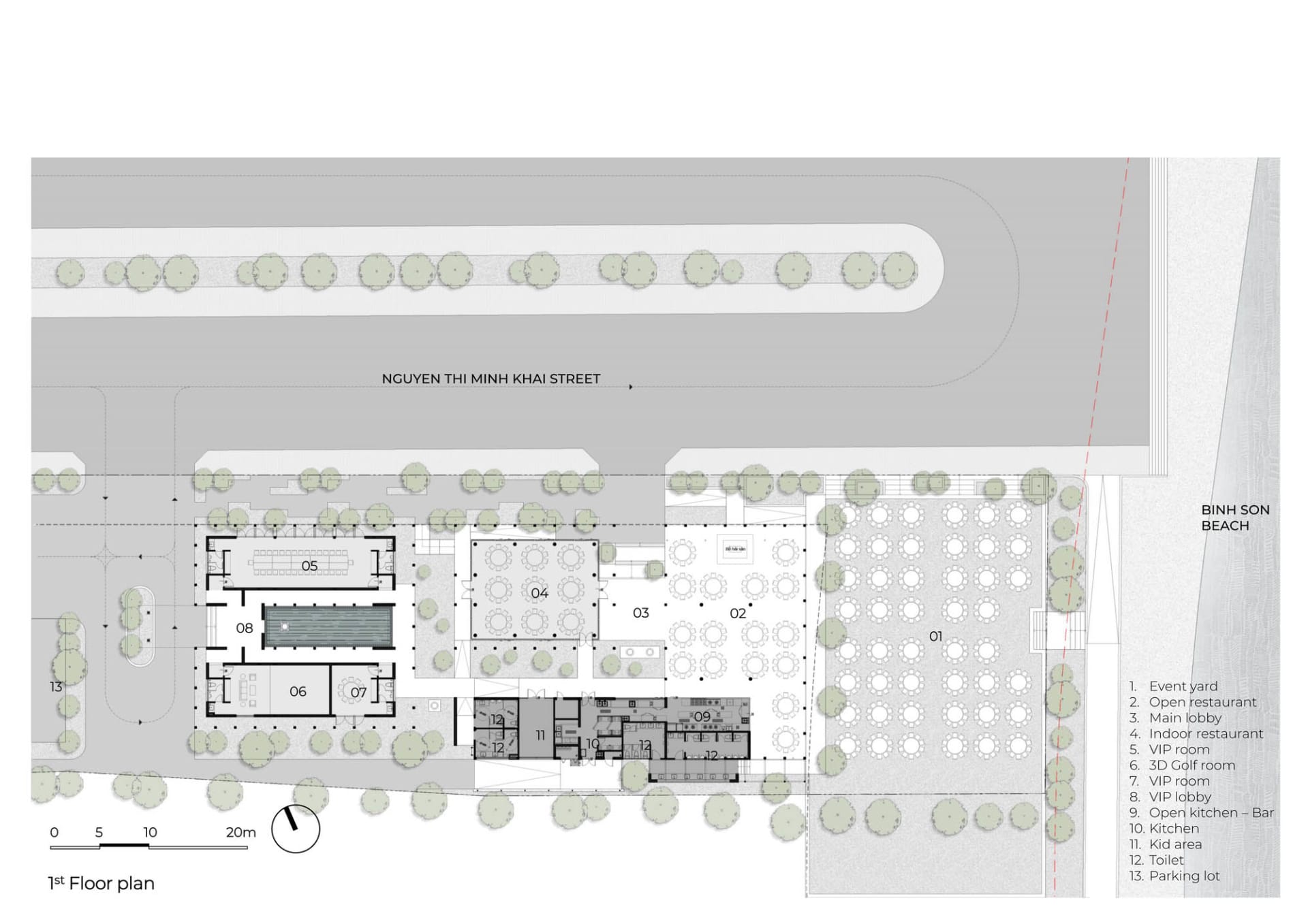 Architectural rendering of a modern building with a street view, surrounded by trees and potted plants, creating a tranquil ambiance