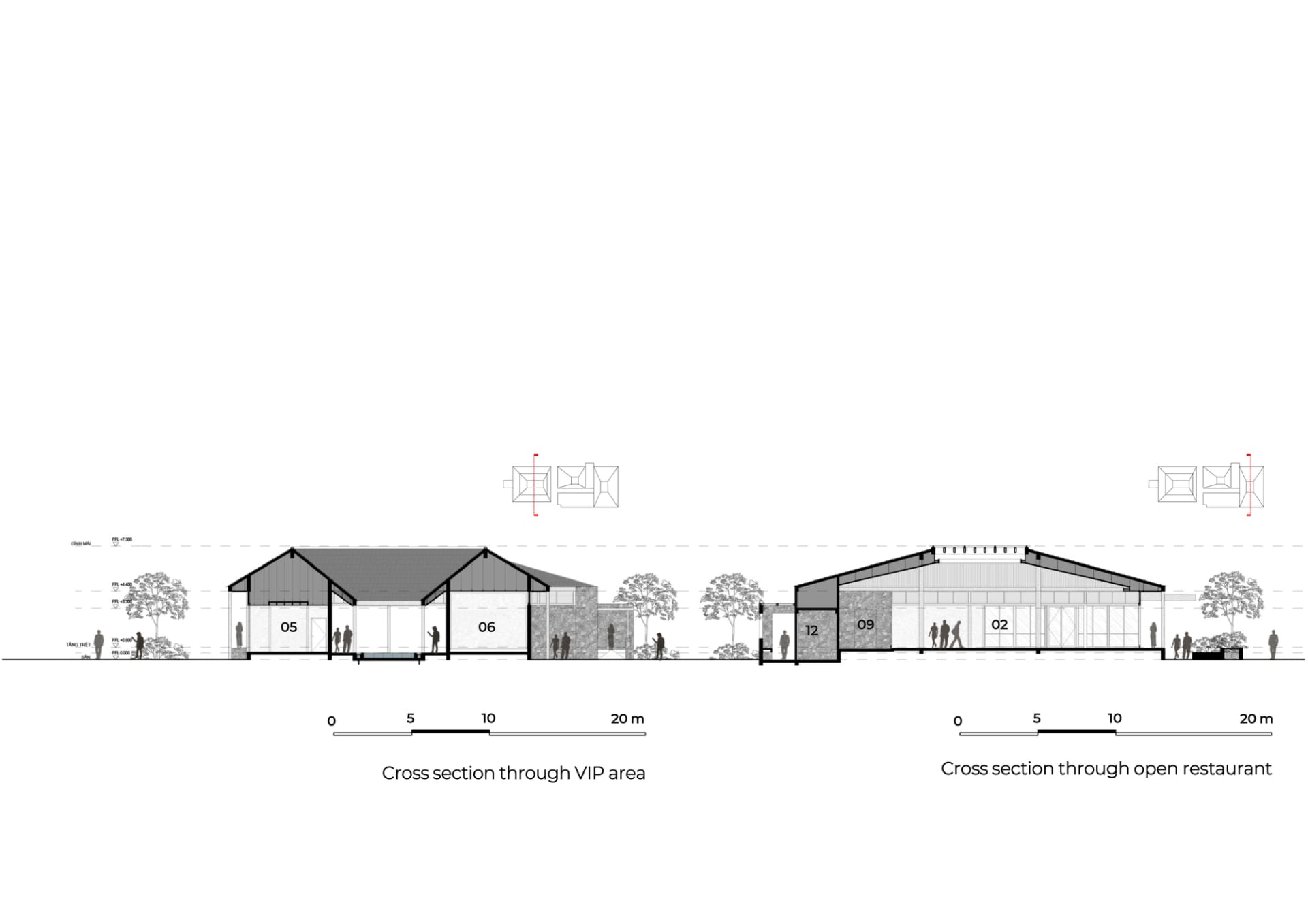 現代建築的詳細剖面圖，展示各式房間與尺寸，呈現住宅與商業區域的混合