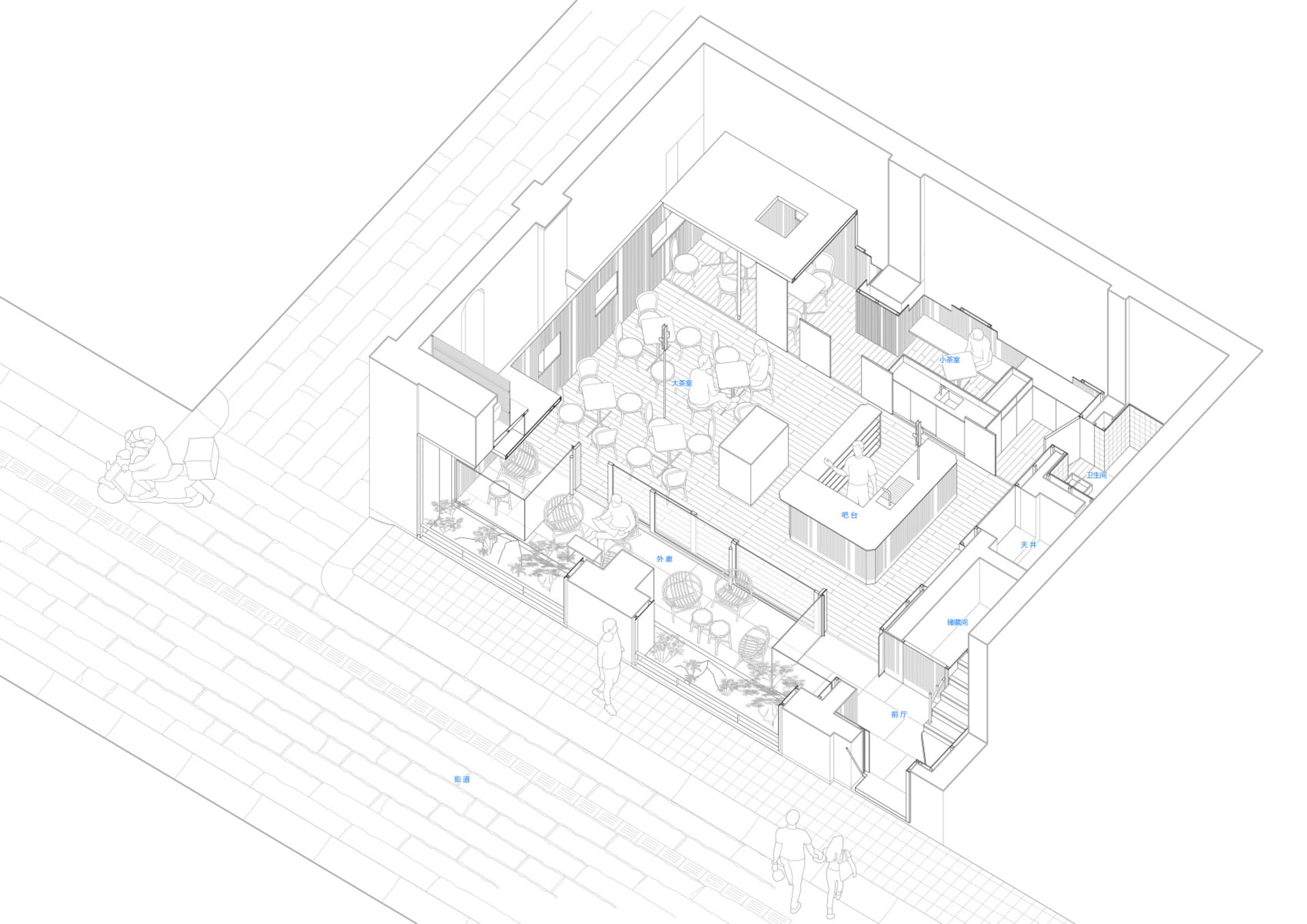 現代室內空間的 2D 平面圖，包含餐廳、廚房與客廳，配有家具、盆栽與自然採光