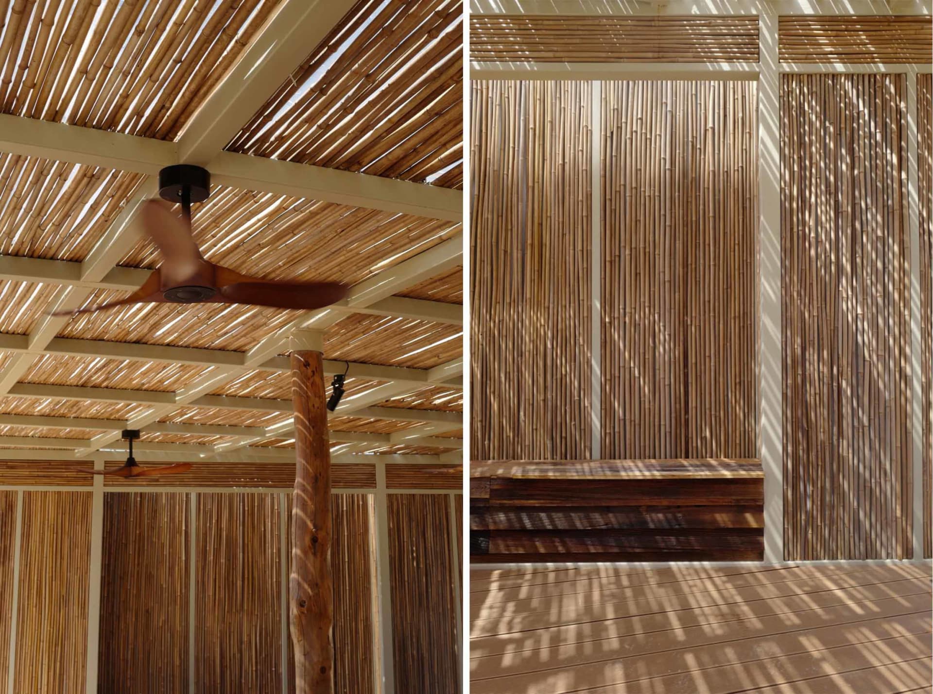 Relaxing outdoor space with wooden beams, bamboo elements, and a traditional bench and ceiling fan