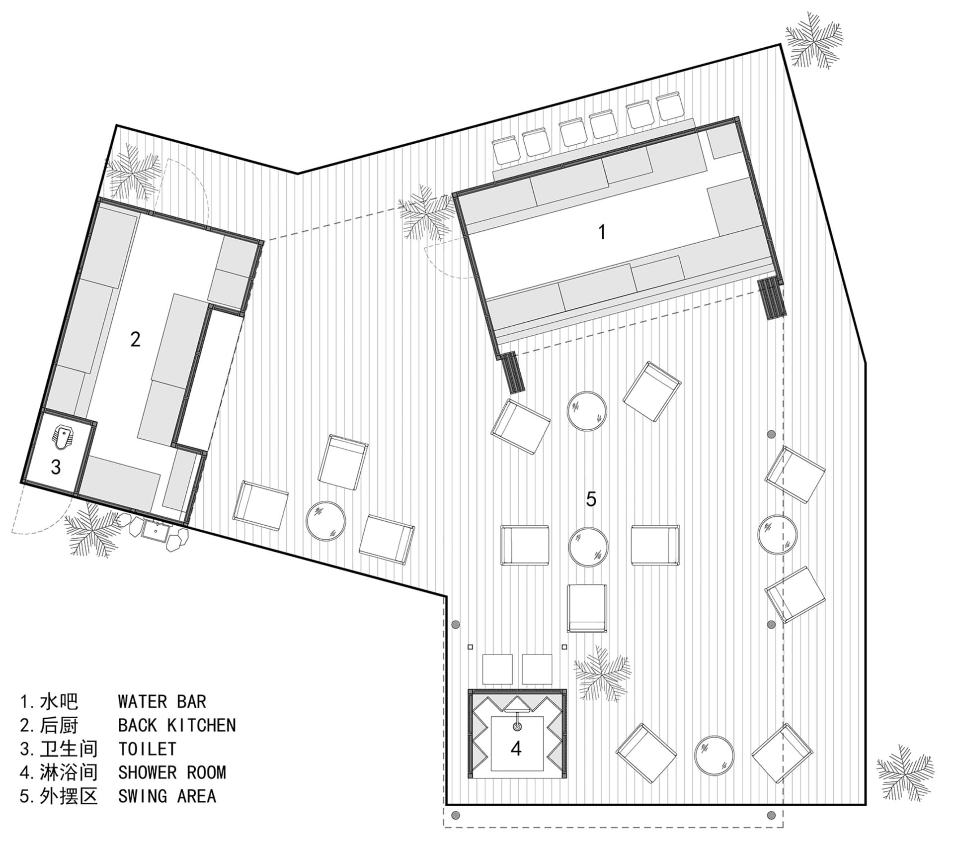 Black and white floor plan of a restaurant with designated areas for kitchen, dining, and back kitchen, showcasing a clean and elegant design