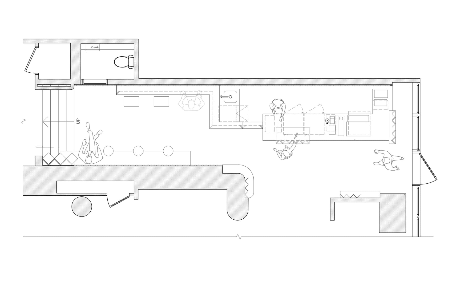 Architectural drawing of a modern home with multiple rooms, kitchen area, and people present