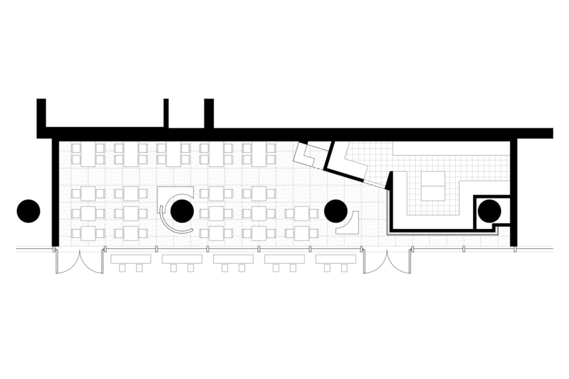 2D floor plan of a modern office space with a large dining area and multiple private offices, kitchen, and linework labels