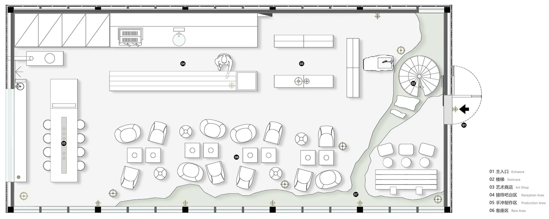 A large room with comfortable seating options, a dining table, and a car, set in a warm and inviting atmosphere