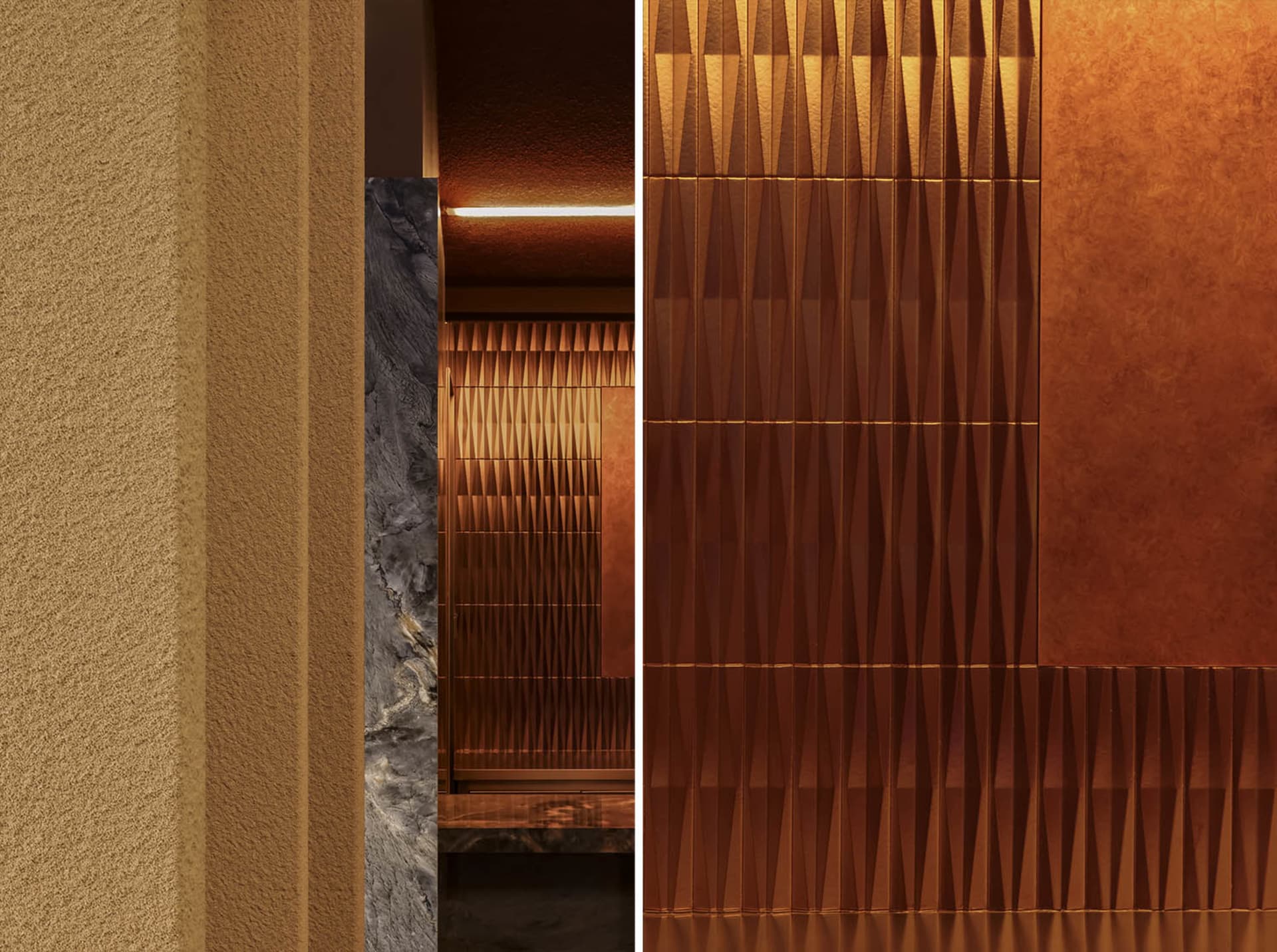 A modern room with brown walls, marble countertops, and wooden elements, featuring a sleek and elegant design