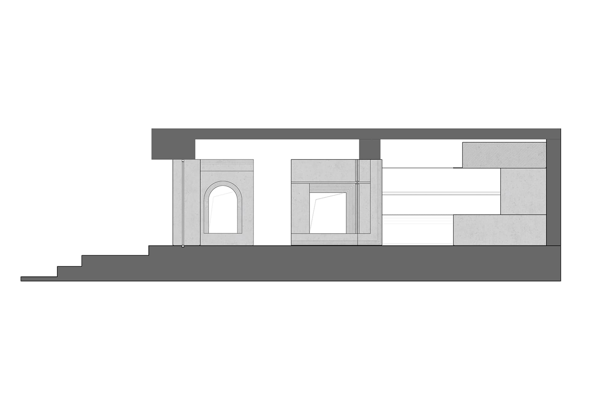 2D floor plan of a modern house with various rooms, windows, and doors, showcasing a clean and minimalistic design