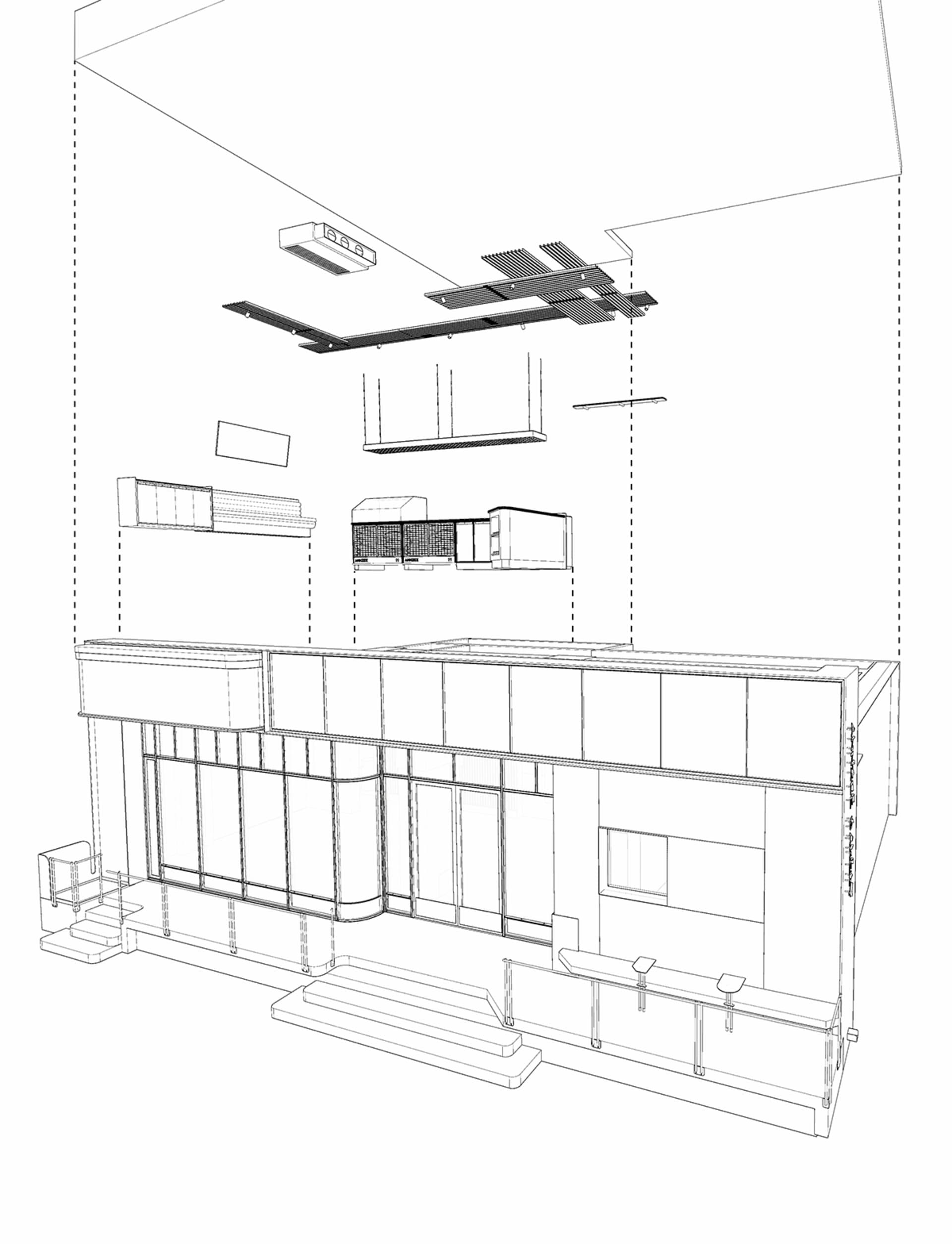 具現代建築風格的2D平面圖，乾淨線條與極簡裝飾，以混凝土與玻璃材質為特色