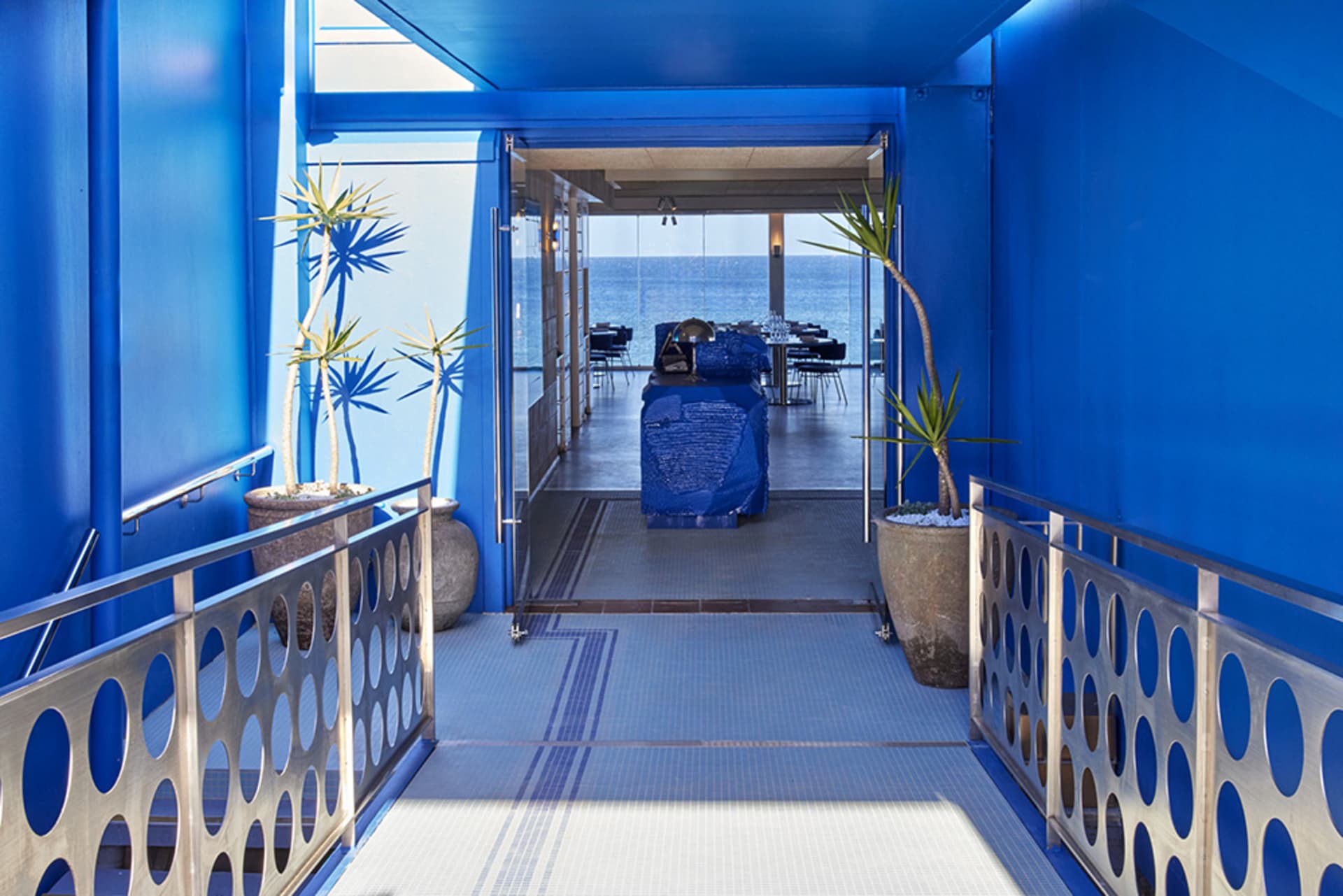 A bright and inviting open space with a blue accent wall, potted plants, and scattered chairs, suggesting a dining or gathering area