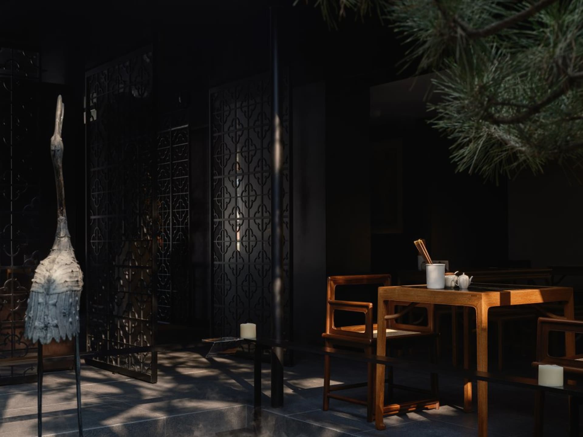 Cozy restaurant interior with wooden tables and chairs, dimly lit for an intimate ambiance