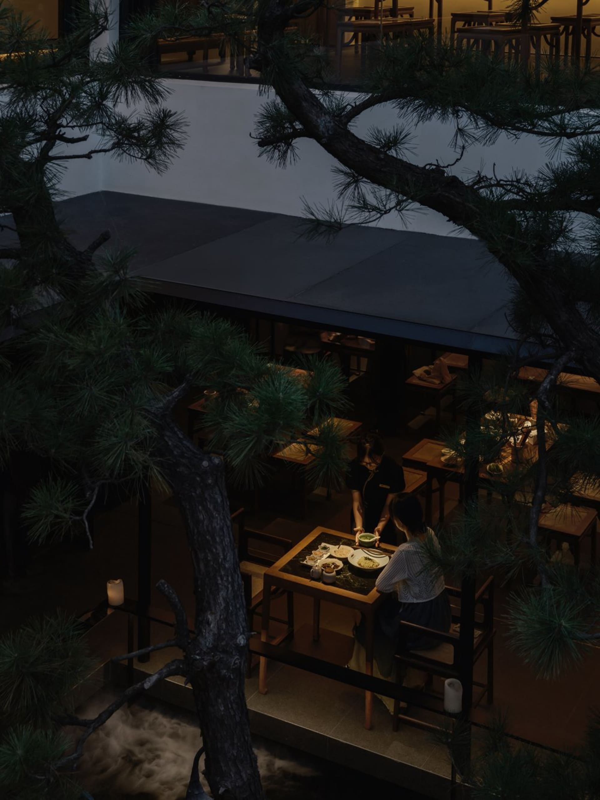 Cozy Asian restaurant interior with wood paneling, tables, chairs, and warm lighting