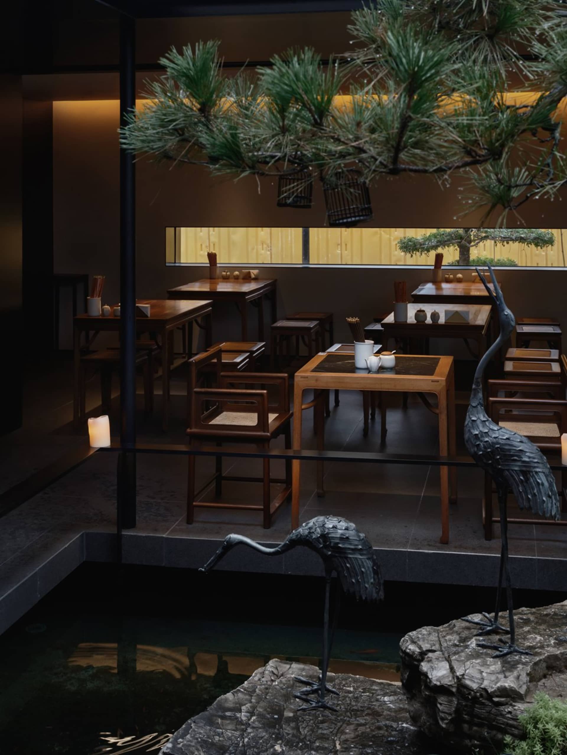 A modern dining area with multiple tables and chairs, surrounded by potted plants, creating a cozy atmosphere for guests