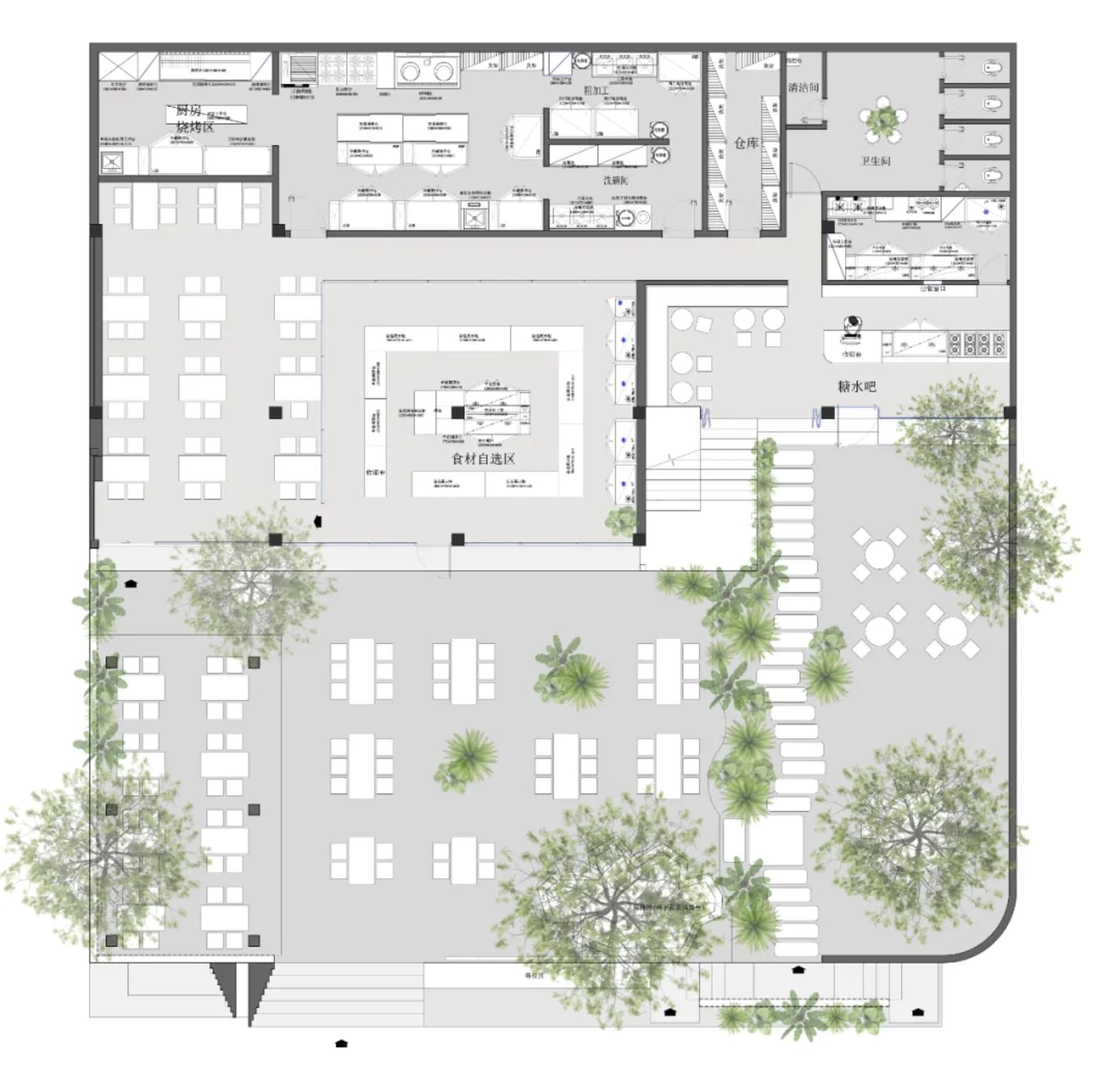 A spacious parking garage lobby with seating areas, dining tables, and a mix of chairs and benches, set against a neutral background