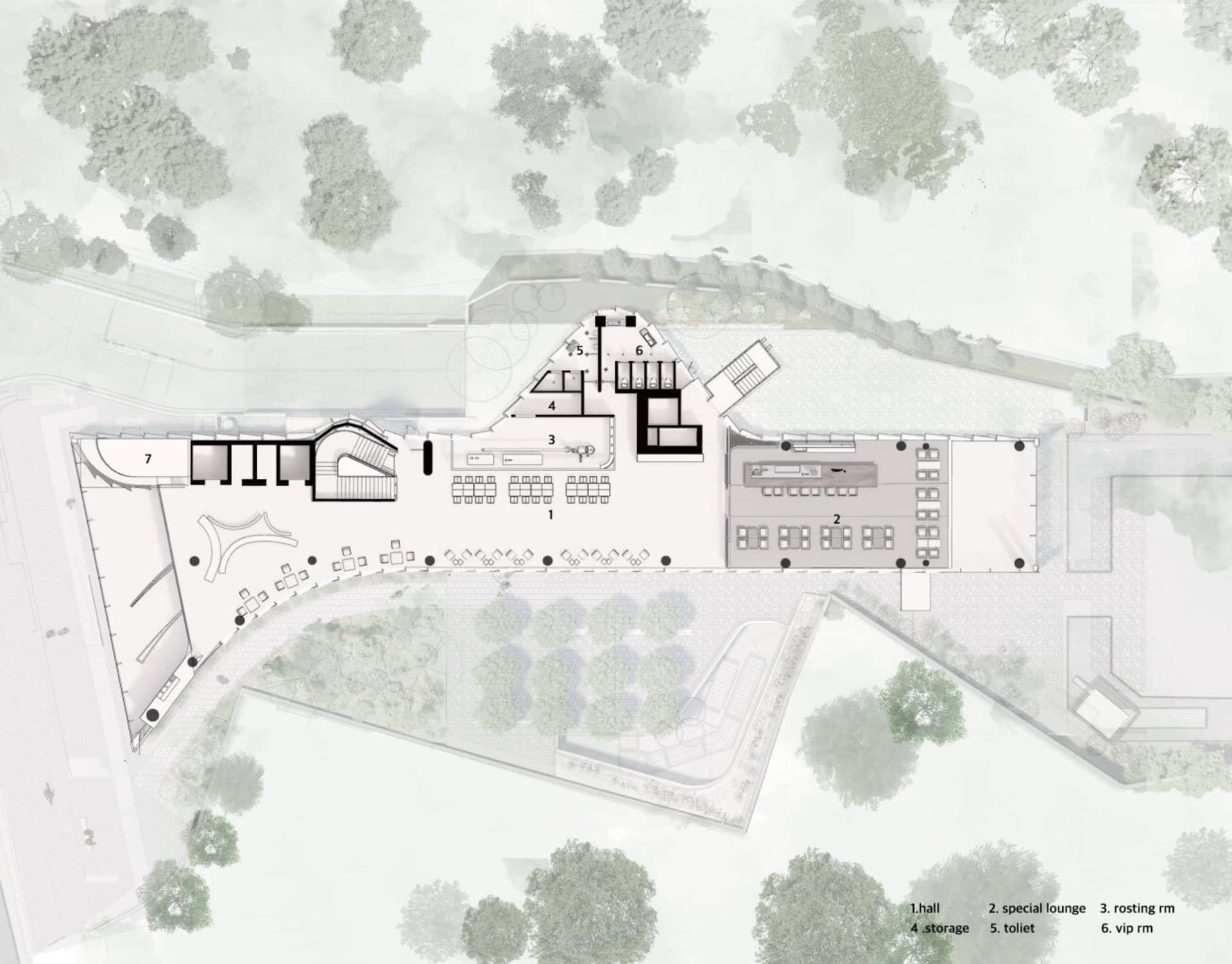 Architectural rendering of a modern building with multiple rooms, hallways, and open spaces