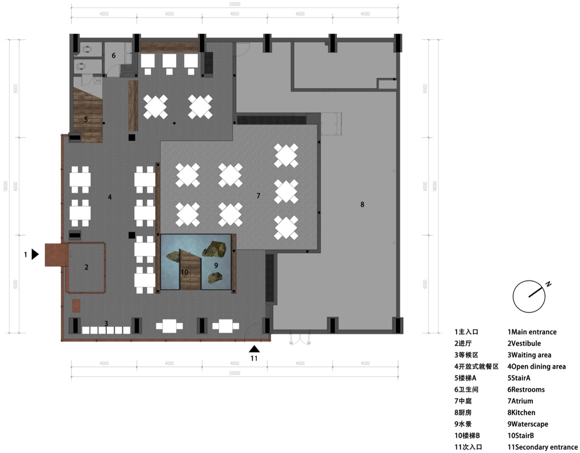 現代餐廳的 2D 平面圖，擁有木質地板與牆面，包含用餐區及桌椅