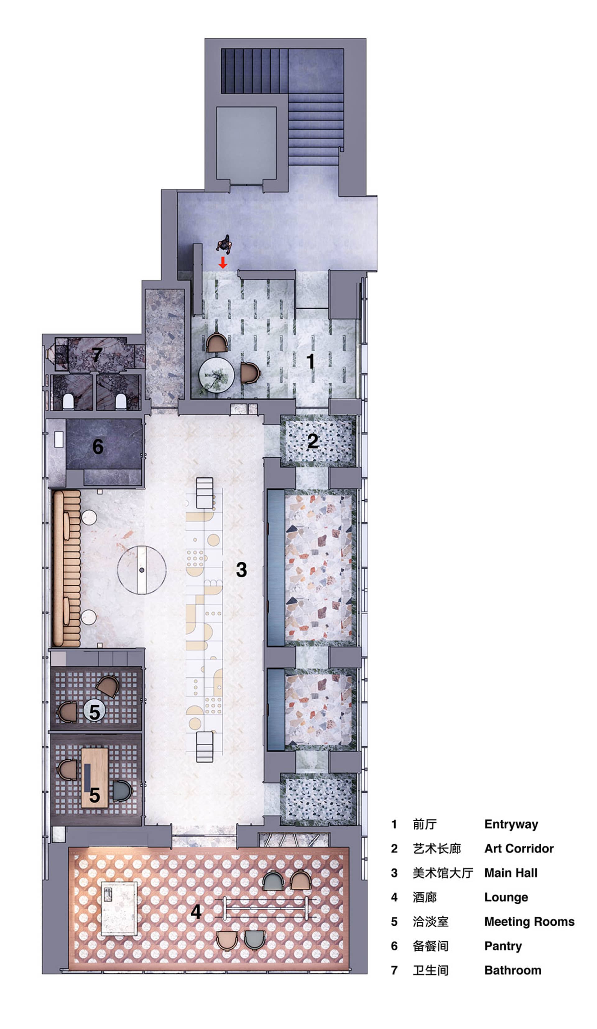 2D floor plan of a modern hotel with open layout, featuring various rooms and spaces, including a dining area, kitchen, and living areas