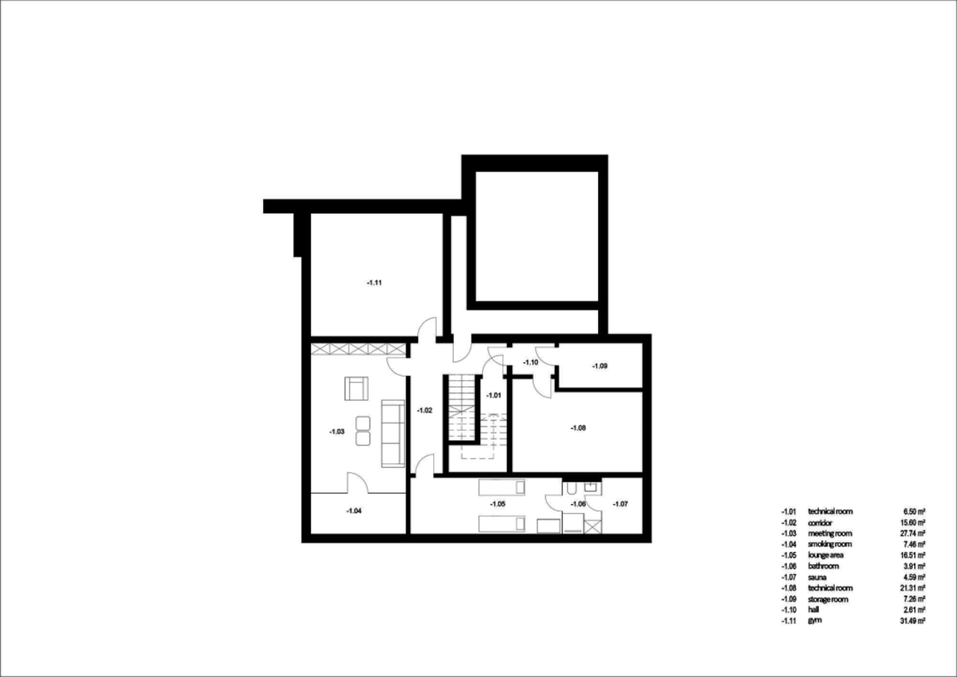 Black and white floor plan of a house with various rooms, open spaces, and enclosed areas