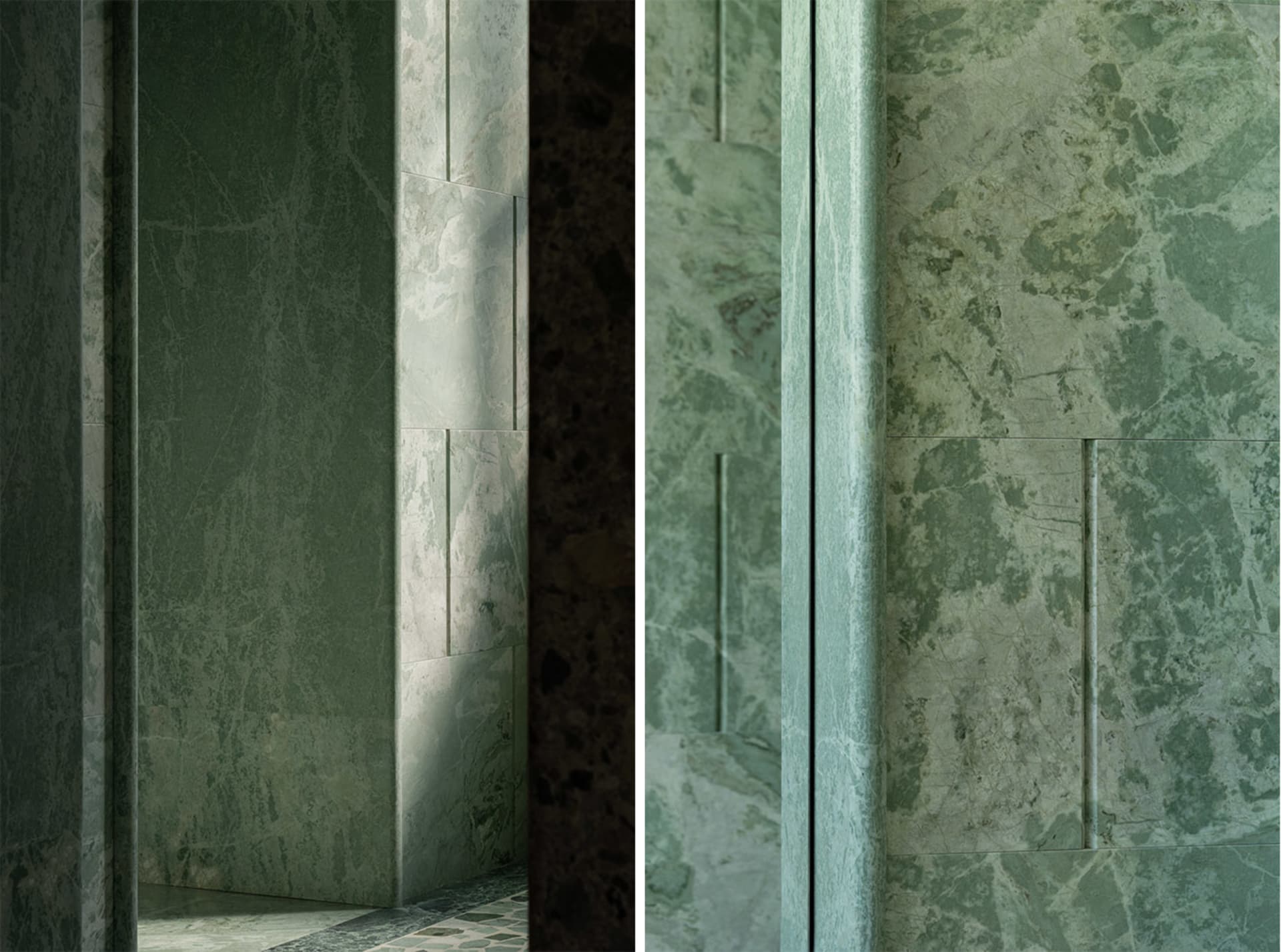 Bathroom with green marble walls, a sink area, and a mirror, featuring a doorway and a contrasting darker wall in a second view