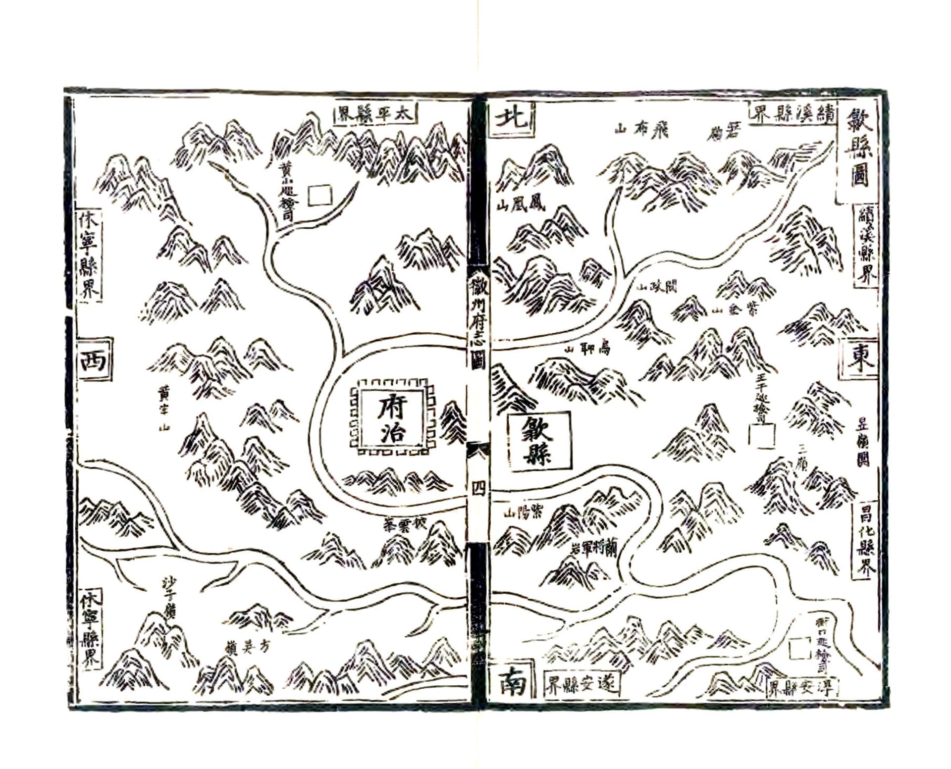 一幅詳細的山區地圖，標有各種符號與線條指示元素，背景為山脈、樹木與建築