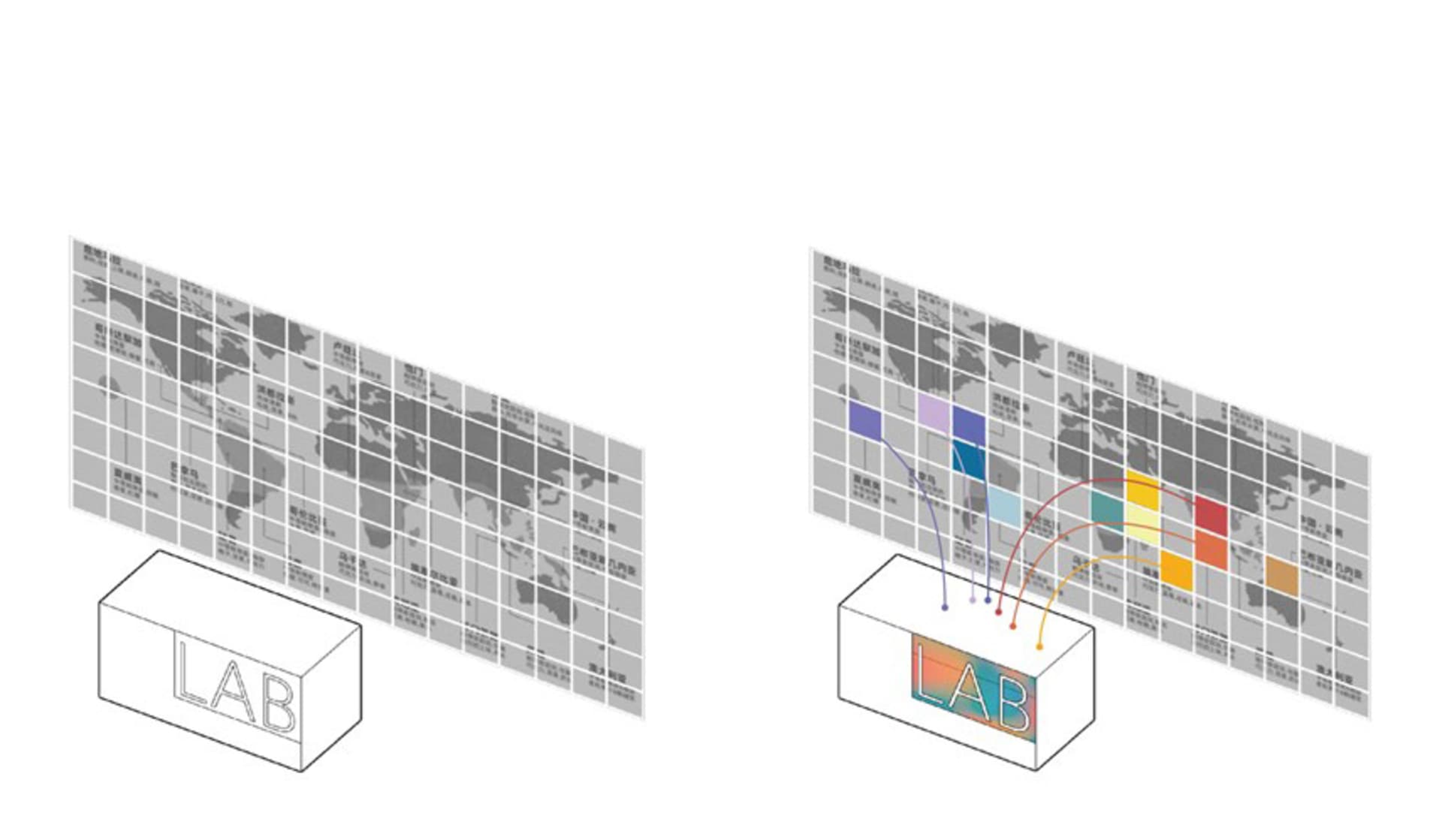 現代建築的 2D 樓層平面圖，標註房間並以乾淨線條呈現，採用混凝土與玻璃材質