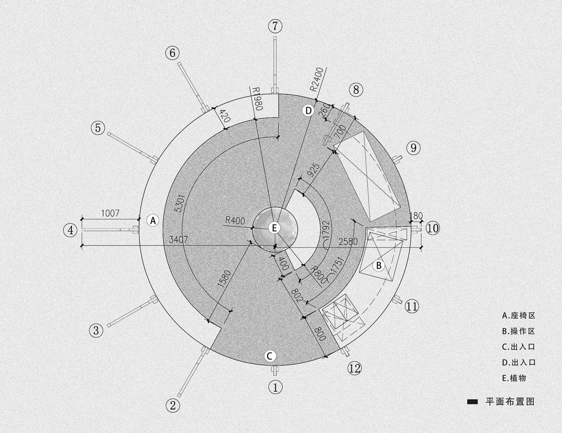 Detailed modern floor plan of a circular structure with measurements and angles, featuring a functional and practical design