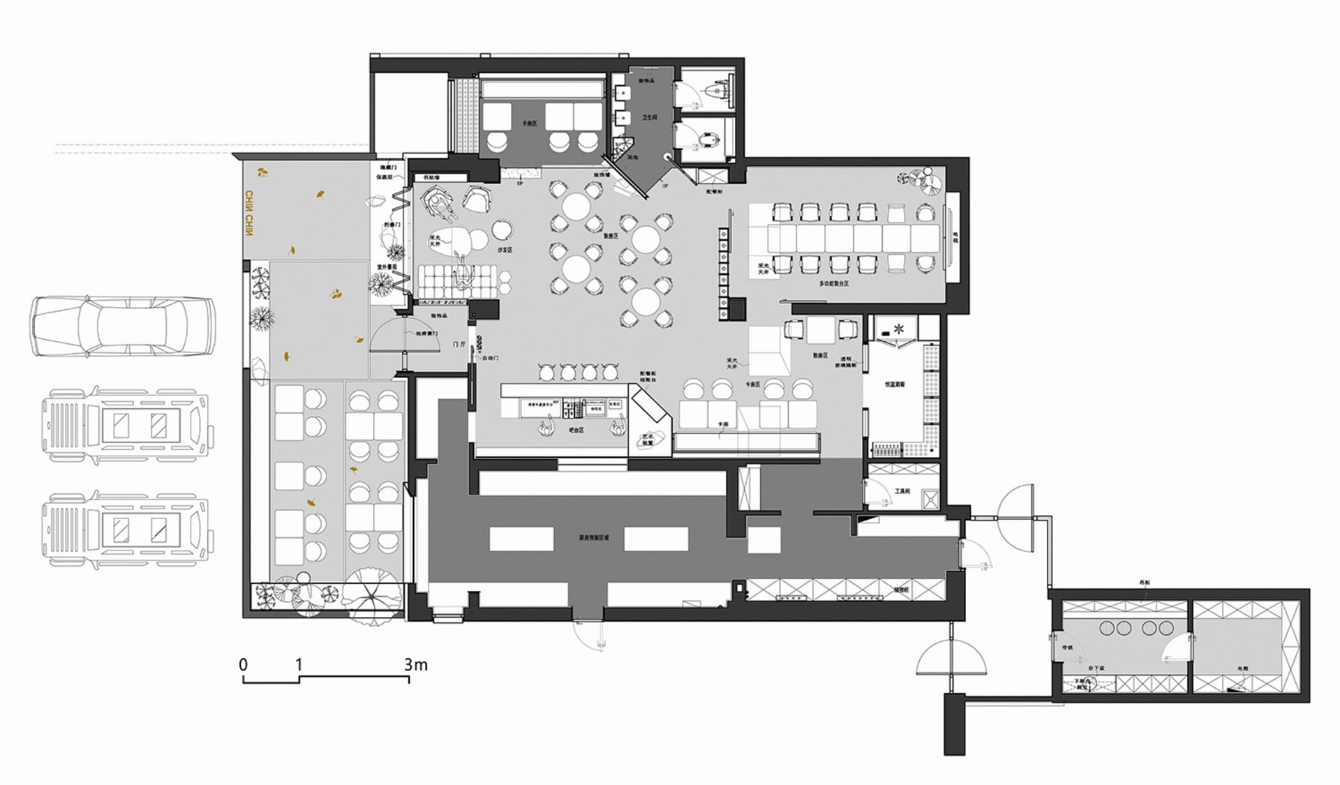 Modern office space with dining tables, chairs, and couches, featuring clean lines and minimalistic design elements