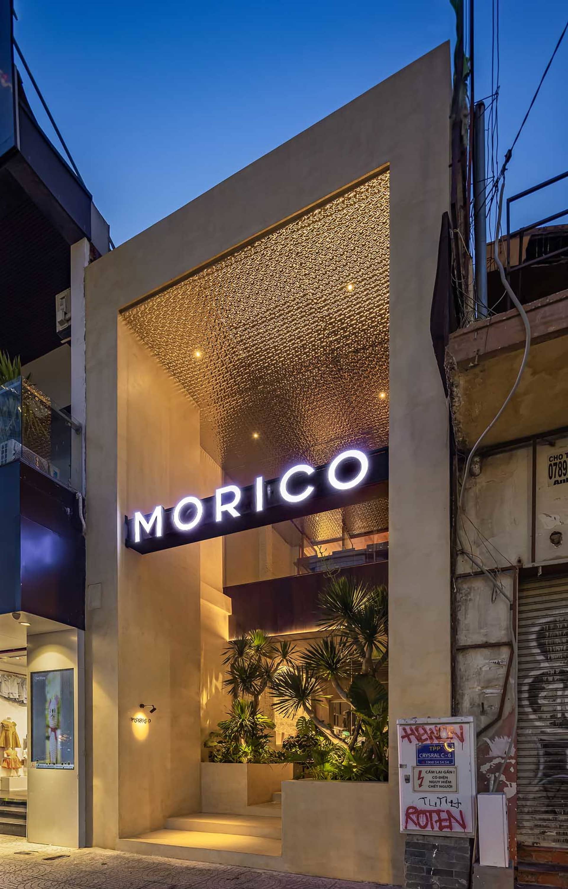 A modern storefront at night with a large window displaying three potted plants, creating an inviting atmosphere in a contemporary urban setting