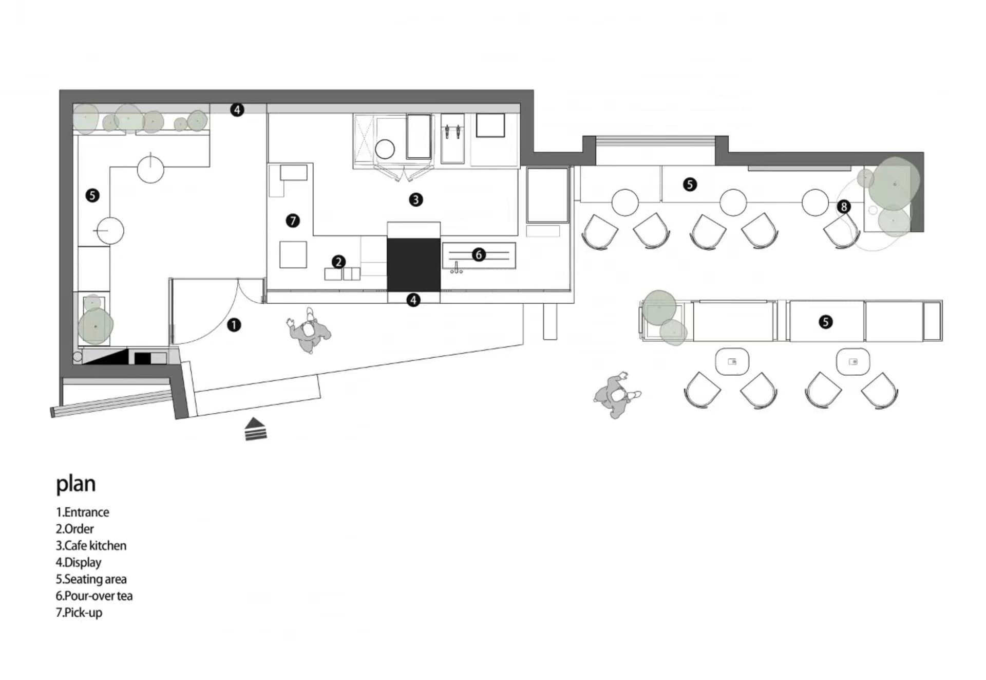 A modern restaurant or hotel with a spacious open layout featuring multiple rooms, chairs, dining tables, and potted plants
