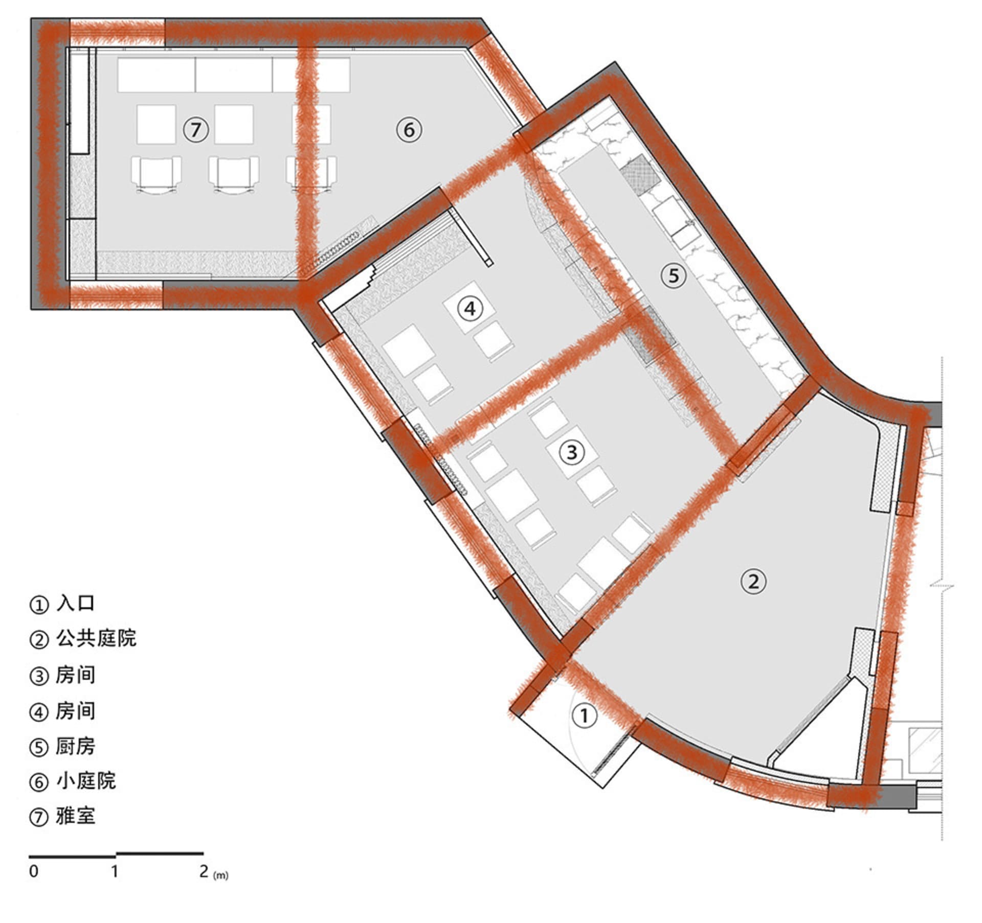 紅色塗漆的室內空間，包含多個房間與走廊，以線條和數字標示