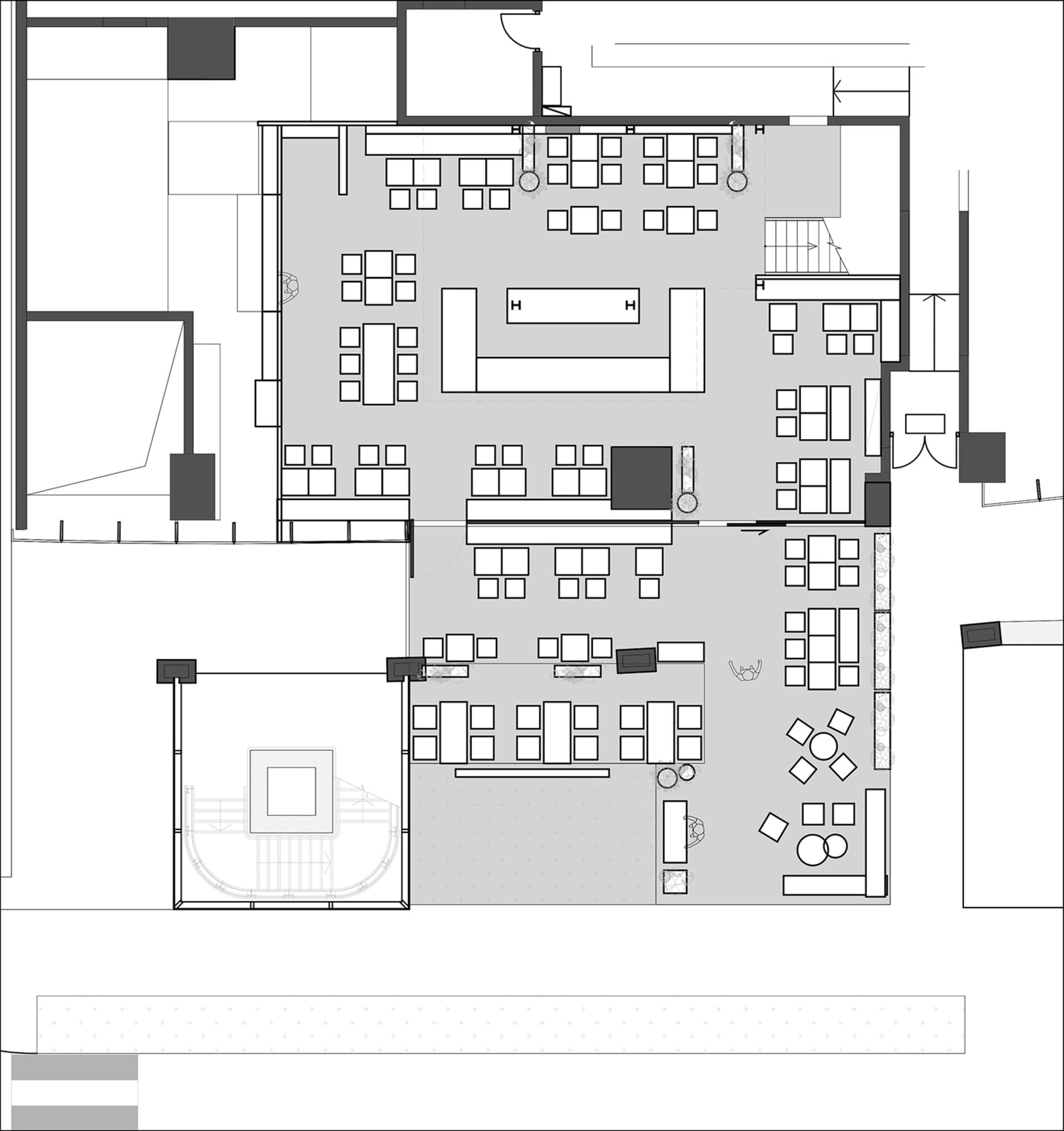 現代室內空間，設有多處座位區、椅凳與實用設計